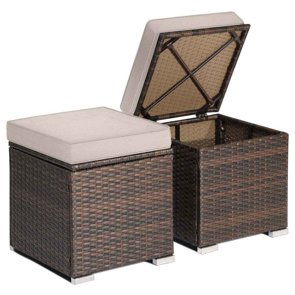 RELAX4LIFE Wicker Outdoor Storage Ottoman, 2-Piece Rattan Footstool w/Removable Cushion, Multipurpose Footrest Stool Side Table Additional Seating, Set of 2 Outdoor Ottomans for Patio Deck (Beige)