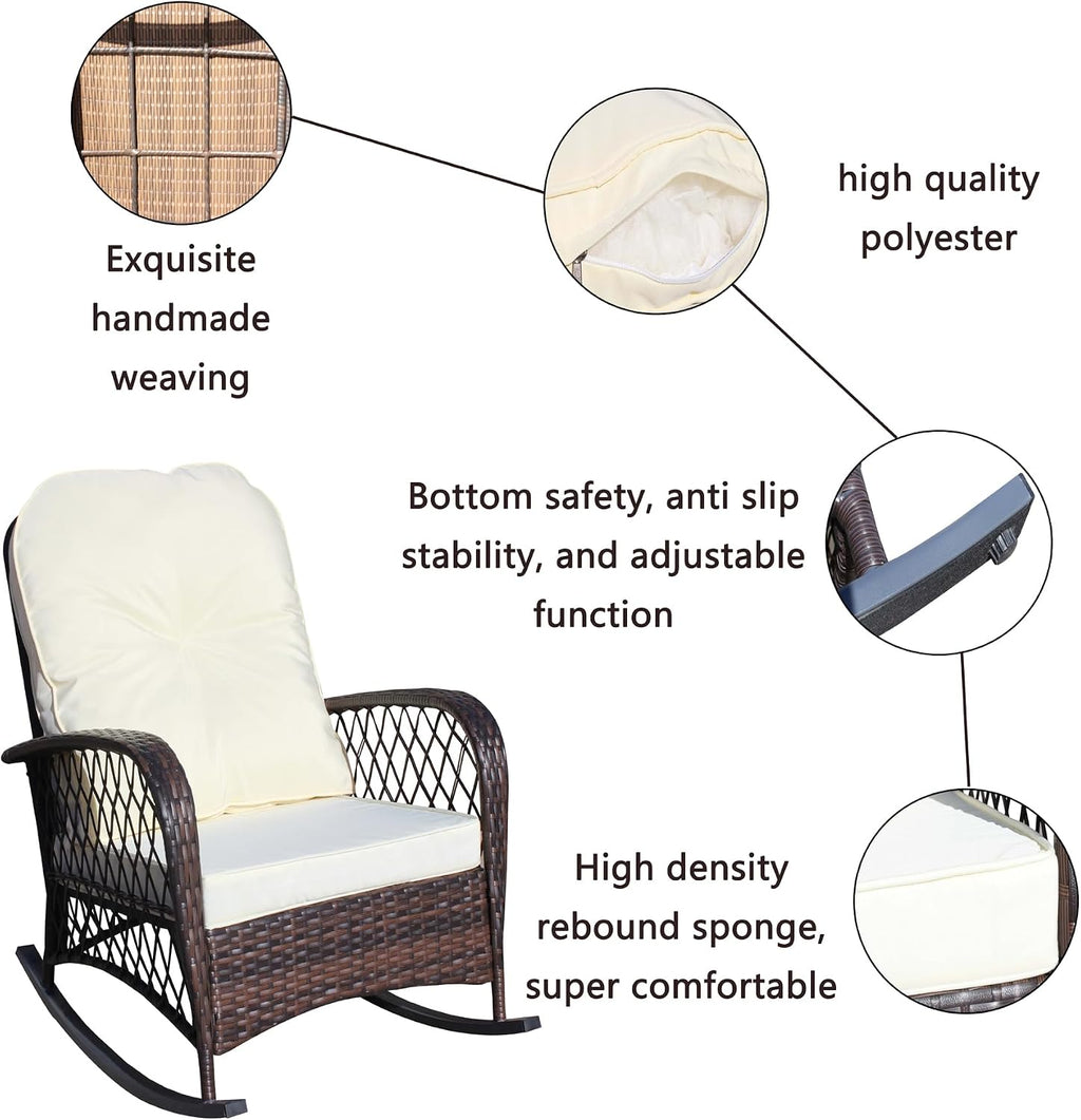 Wicker Rocking Chairs for Outdoors, Oversized Rattan Porch Rocker Chair with Padded Seat & Back Cushions,Patio Chairs Rocking Chairs for Balcony,Porch,Backyard,Deck (Brown+Cream)