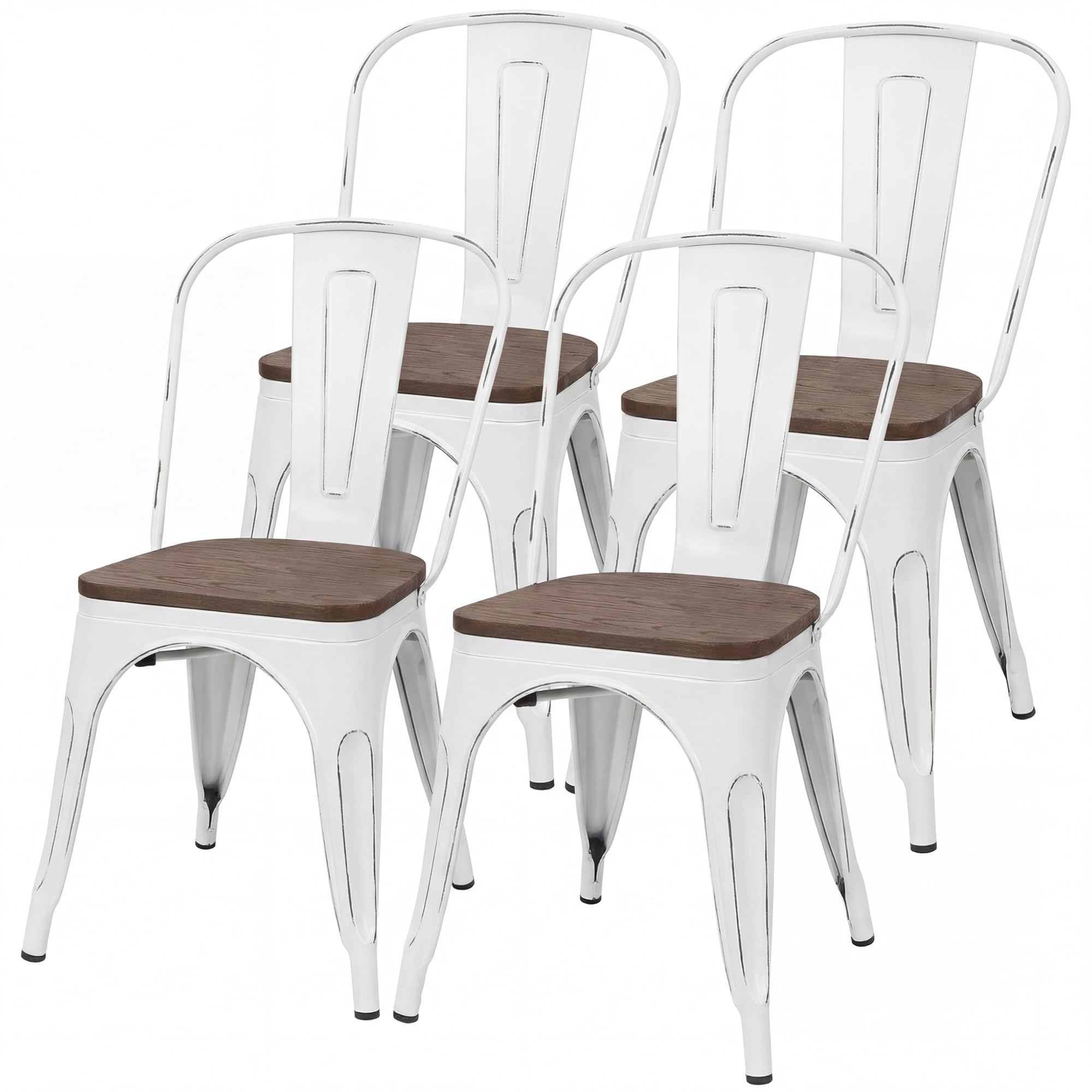 JUMMICO Metal Dining Chair Stackable Industrial Vintage Kitchen Chairs Indoor-Outdoor Bistro Cafe Side Chairs with Back and Wooden Seat Set of 4 (Black)