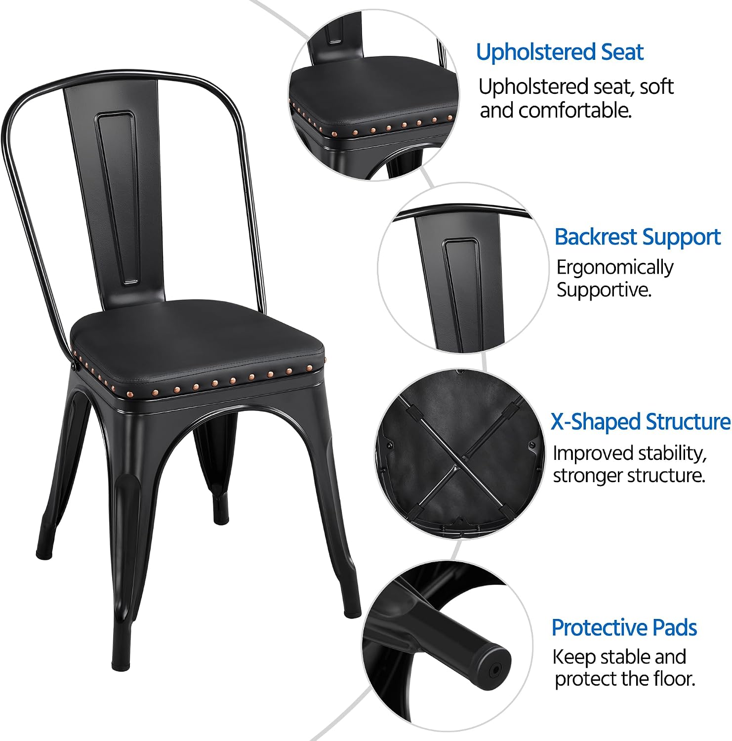Yaheetech 4pcs Metal Dining Chairs with PU Leather Seat High Back Soft Cushioned Industrial Classic Iron Chairs Chic Dining Bistro Cafe Coffee Chair 18 Inch Black