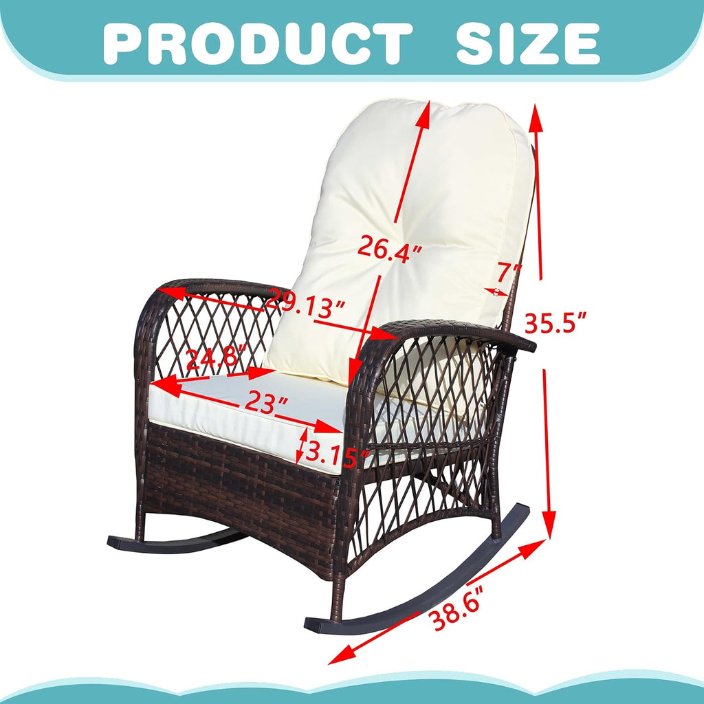 Wicker Rocking Chairs for Outdoors, Oversized Rattan Porch Rocker Chair with Padded Seat & Back Cushions,Patio Chairs Rocking Chairs for Balcony,Porch,Backyard,Deck (Brown+Cream)