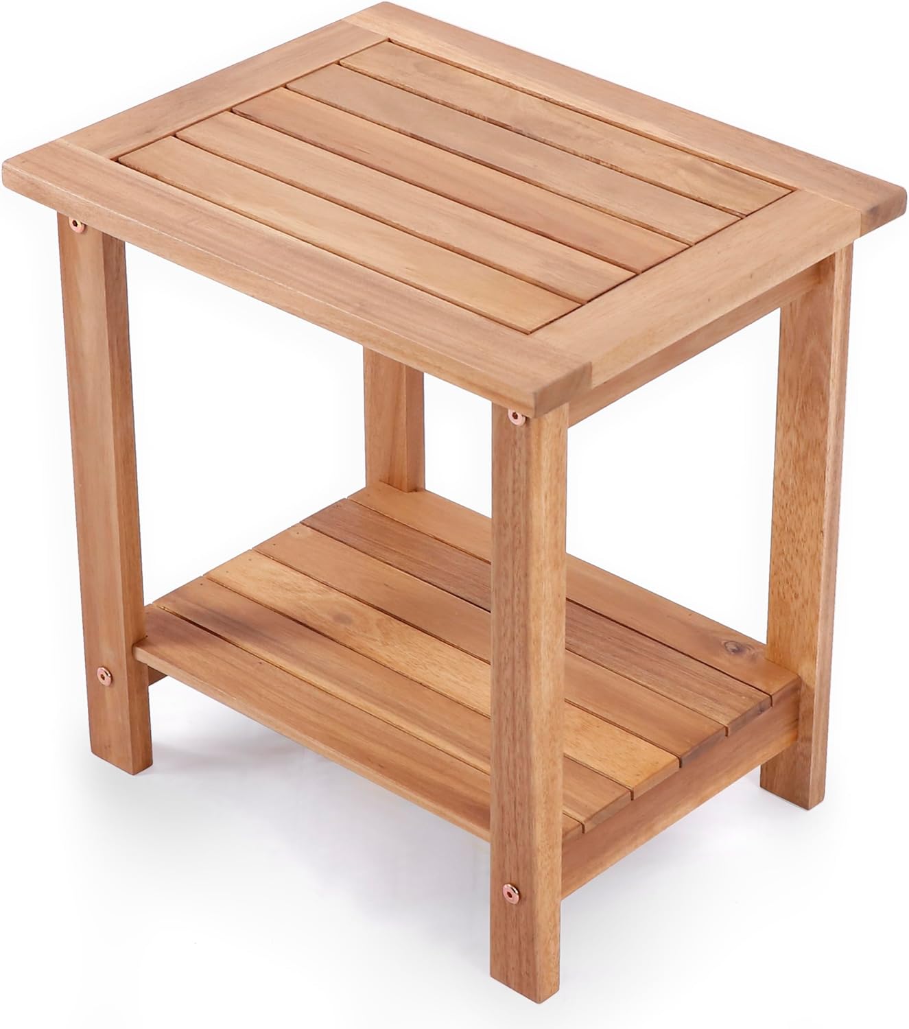 VICTORY RELAX Solid Acacia Wood Side Table with 2-Tier Storage, Weather-Resistant Outdoor Indoor End Table, Natural Rustic Color Night Stand