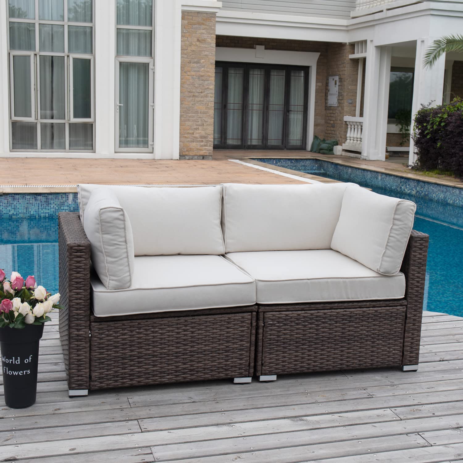 COSIEST All-Weather Patio Chair, Single Brown Wicker Chair with Thick Gray Cushions & Teal Pillow, Outdoor Rocking Chair for Porch, Garden, Poolside