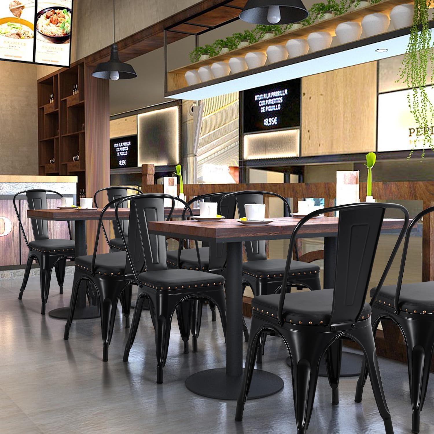 Yaheetech 4pcs Metal Dining Chairs with PU Leather Seat High Back Soft Cushioned Industrial Classic Iron Chairs Chic Dining Bistro Cafe Coffee Chair 18 Inch Black