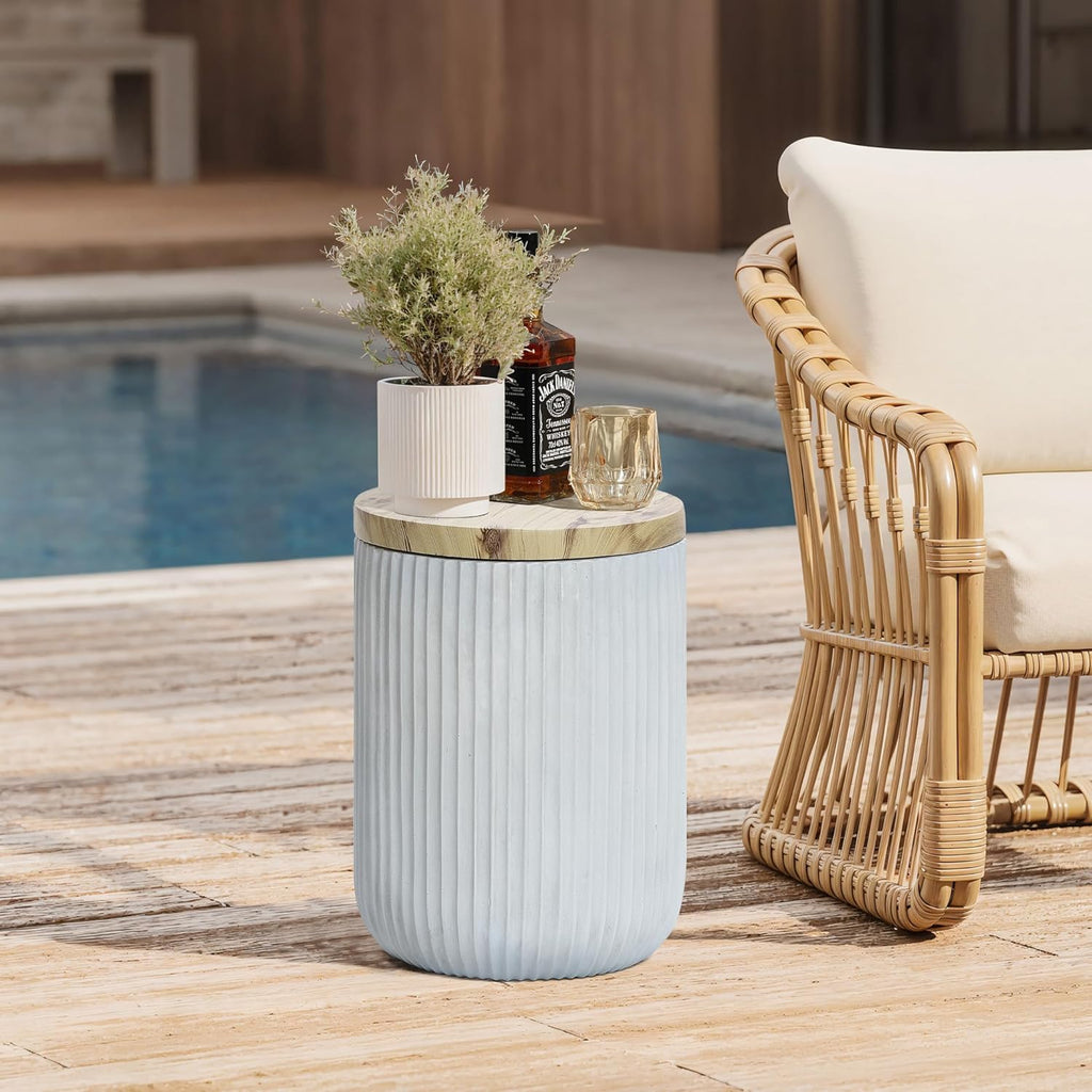 LuxenHome 18" Outdoor Side Table with Storage, Cement Patio End Table with Wood Finish Lid, Accent Table for Patio, Porch, Poolside, Backyard, Outside, Indoor, Garden Stool, Drum, Plant Stand