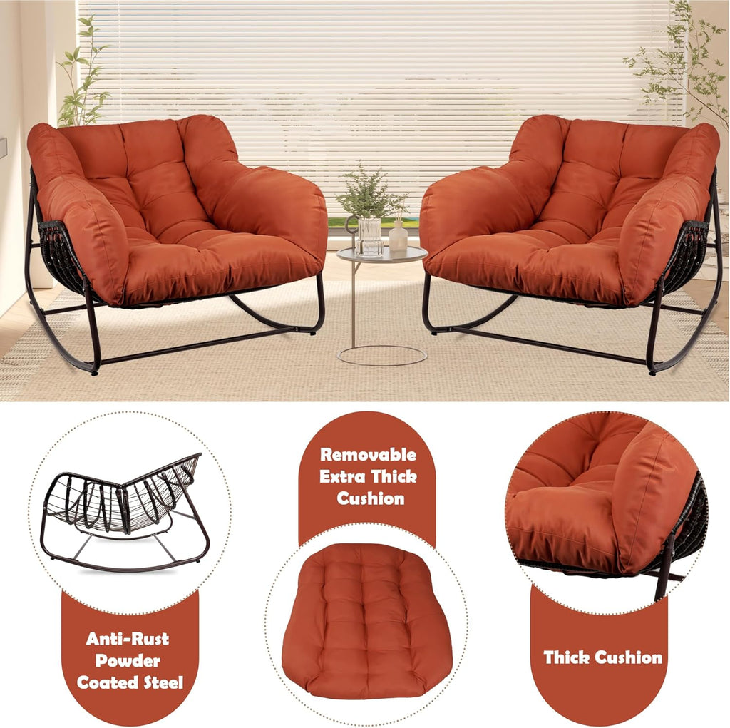 Papasan Rocking Chair Indoor & Outdoor, All Weather Wicker Papasan Patio Chair with Cushion & Pillow, Oversized Papasan Rocker Egg Chair for Bedroom, Garden, Patio - Red.