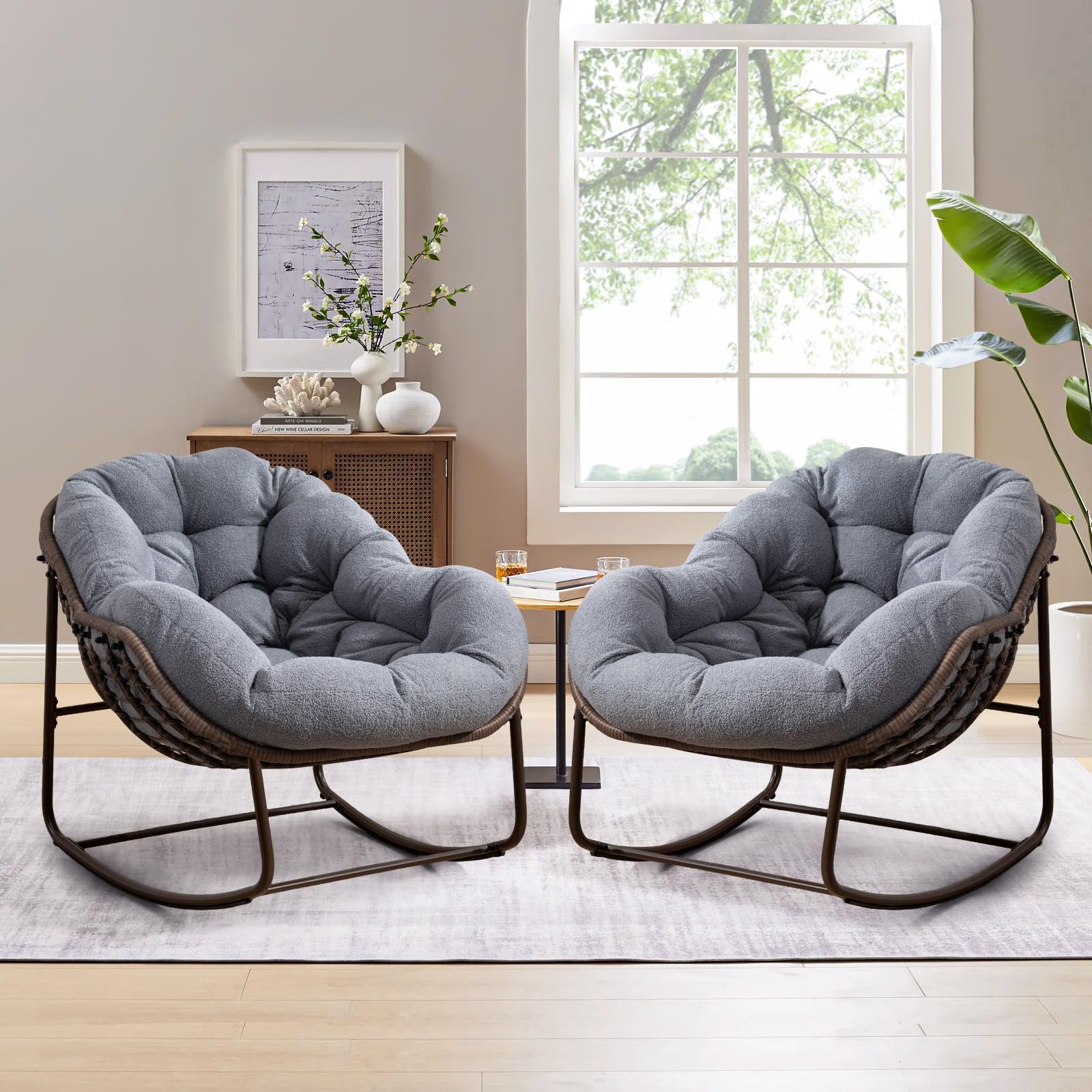 Large Indoor Outdoor Rocking Chair, Oversized Rocking Papasan Chair with Thick Cushion and Frame Outdoor Rocker, Comfy Wicker Egg Chairs Lounge for Outside Porch Patio Backyard Balcony (Beige)