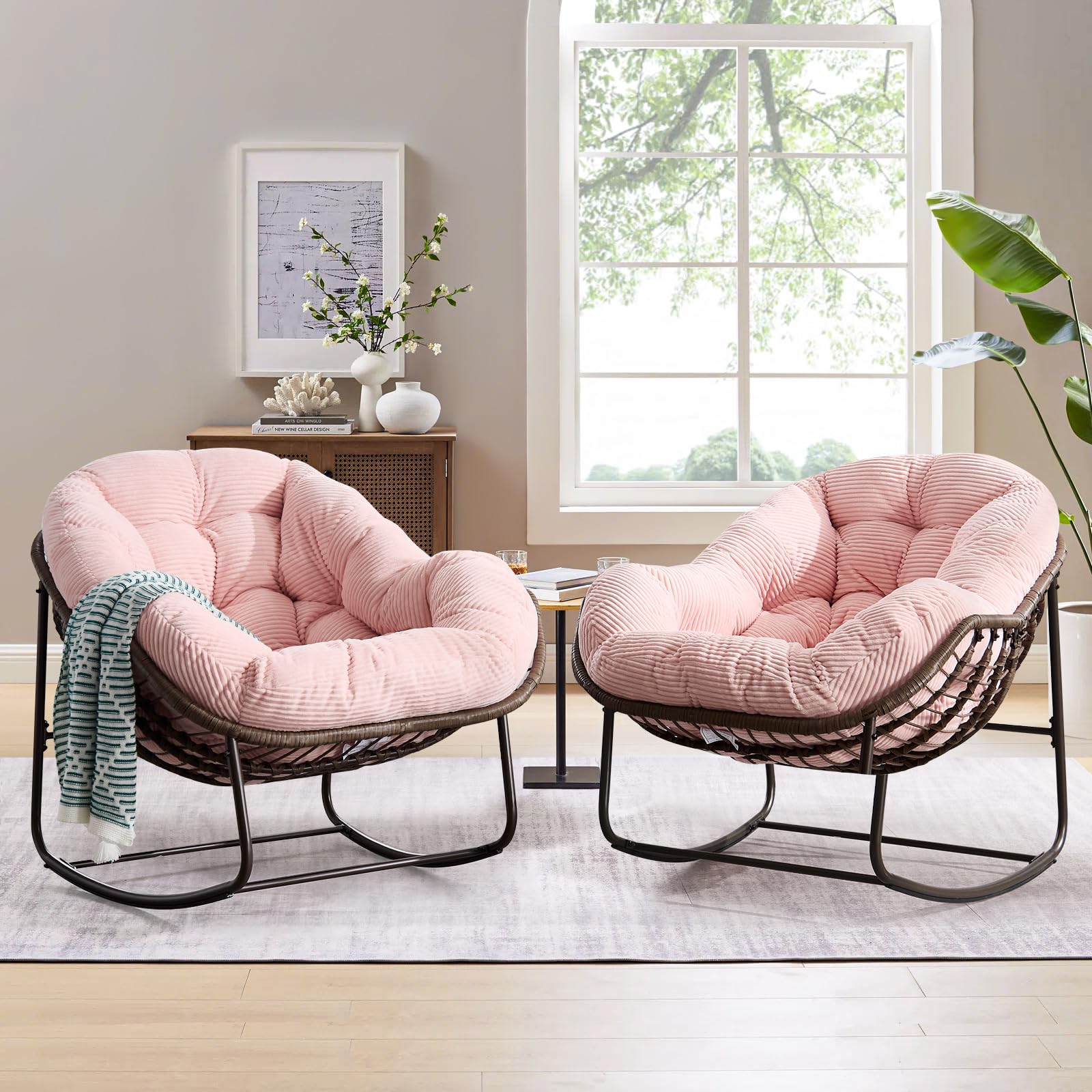 Large Indoor Outdoor Rocking Chair, Oversized Rocking Papasan Chair with Thick Cushion and Frame Outdoor Rocker, Comfy Wicker Egg Chairs Lounge for Outside Porch Patio Backyard Balcony (Beige)
