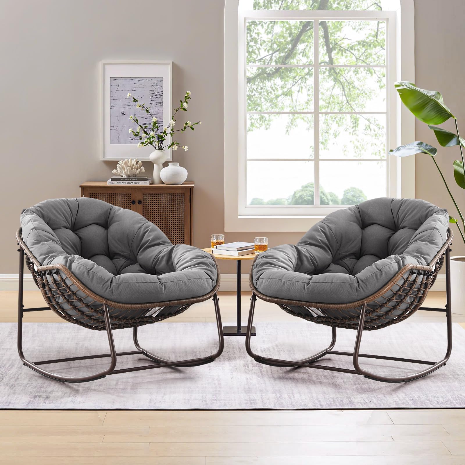 Large Indoor Outdoor Rocking Chair, Oversized Rocking Papasan Chair with Thick Cushion and Frame Outdoor Rocker, Comfy Wicker Egg Chairs Lounge for Outside Porch Patio Backyard Balcony (Beige)