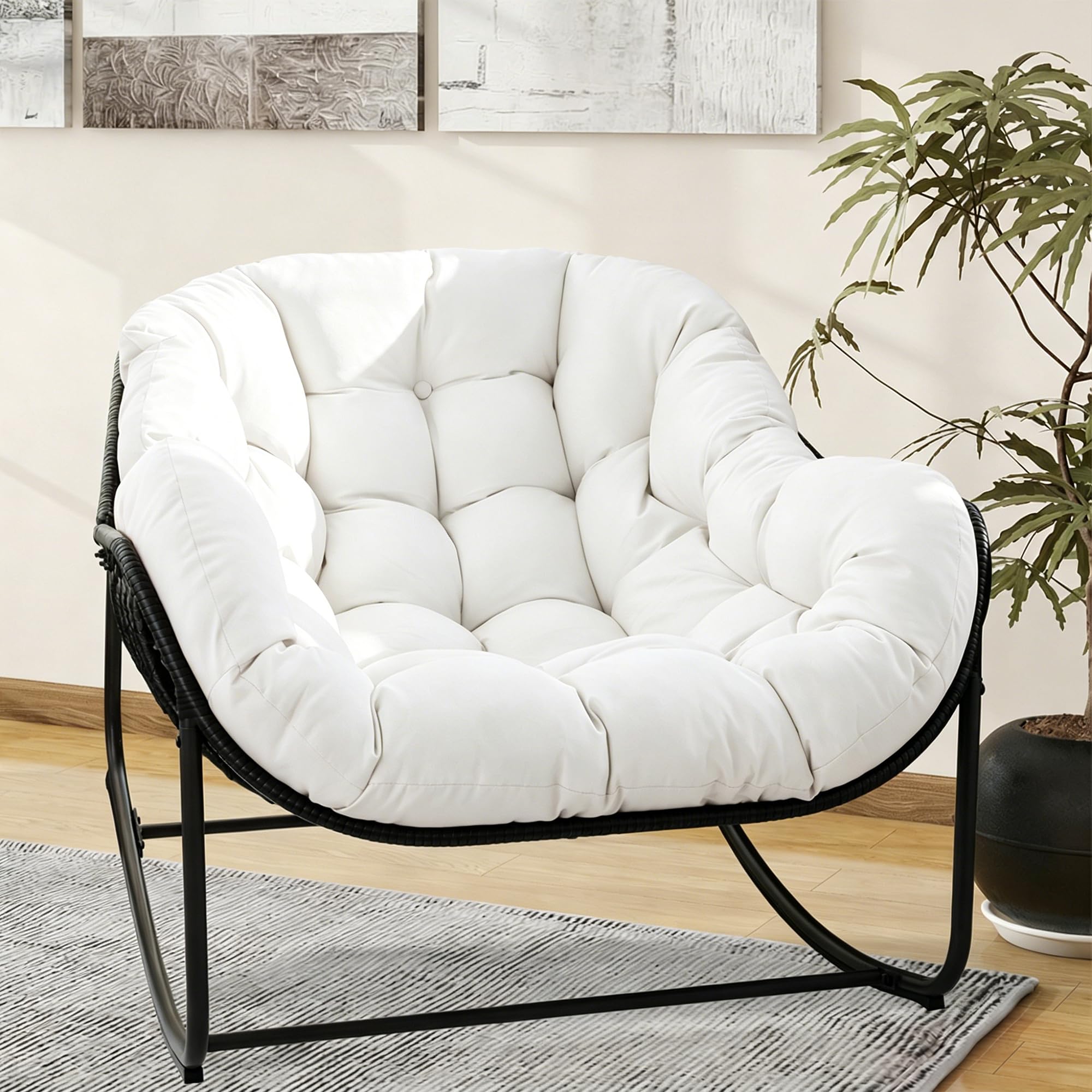 Patio Rocking Chair, Oversized Papasan Rocking Chair with Cushion and Frame for Indoor& Outdoor, Deep Seat Egg-Shaped Rocker Chair for Garden, Deck, Living Room, Grey