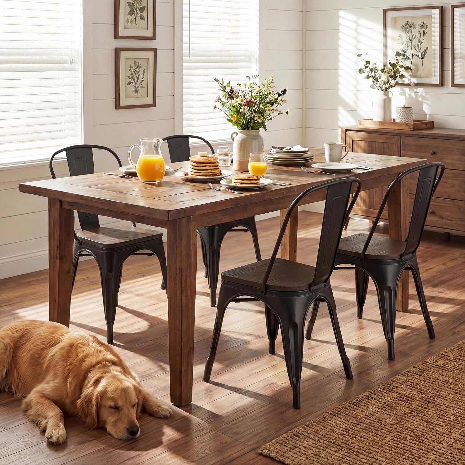 JUMMICO Metal Dining Chair Stackable Industrial Vintage Kitchen Chairs Indoor-Outdoor Bistro Cafe Side Chairs with Back and Wooden Seat Set of 4 (Black)