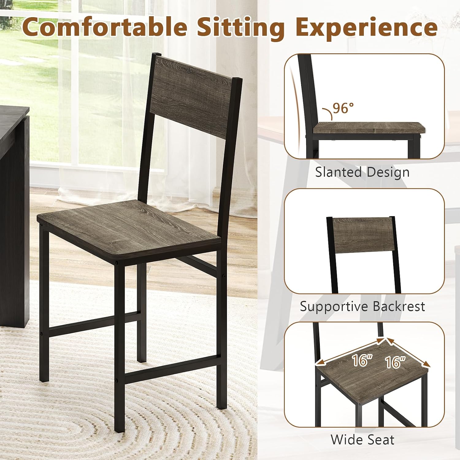 Giantex Metal Dining Chairs Set of 4, Kitchen Chairs with Metal Legs, Slanted Back, Rustic Wood Grain, Armless Dining Room Chairs for Home, Restaurant, Living Room, Oak Grey