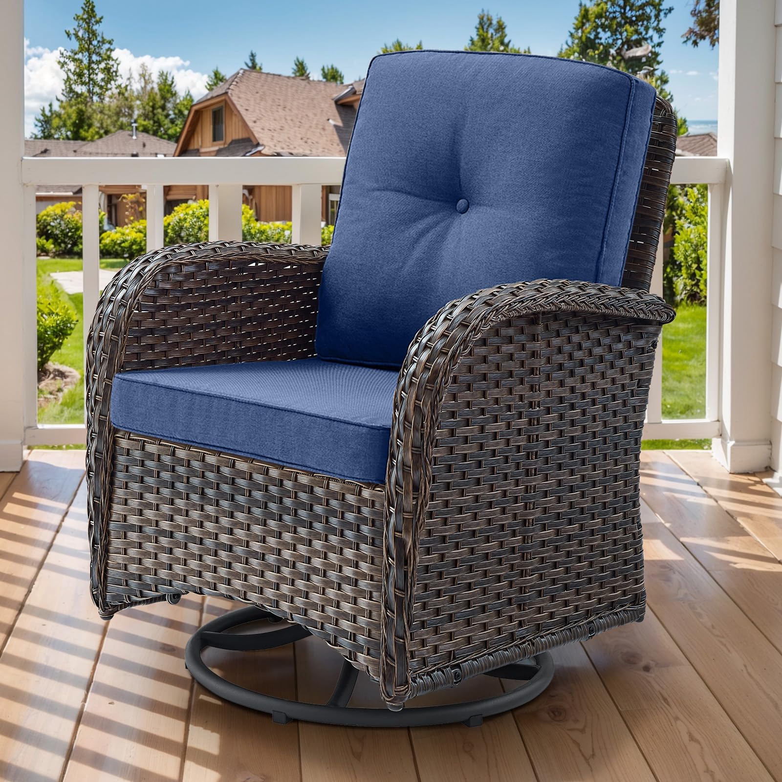 2 in 1 Porch Glider Swivel Chair - Wicker Patio Furniture Outdoor Swivel Rocker Chair with Thick Cushion, 300 Lb Weight Capacity Patio Swivel Glider Seating - Brown Wicker, Grey Cushion