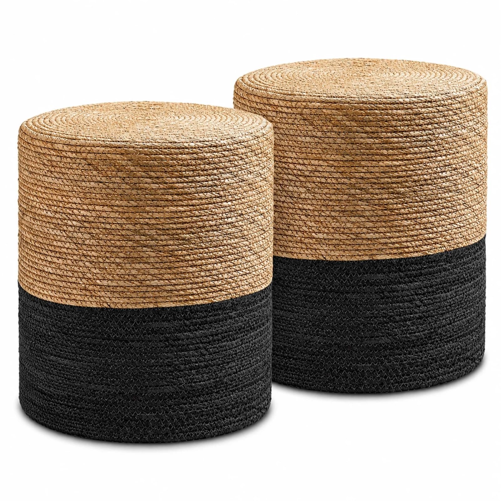 Wimarsbon Natural Seagrass Foot Stool, Hand Weaving Round Ottoman, for Living Room, Outdoor Seat (Natural & Blue)