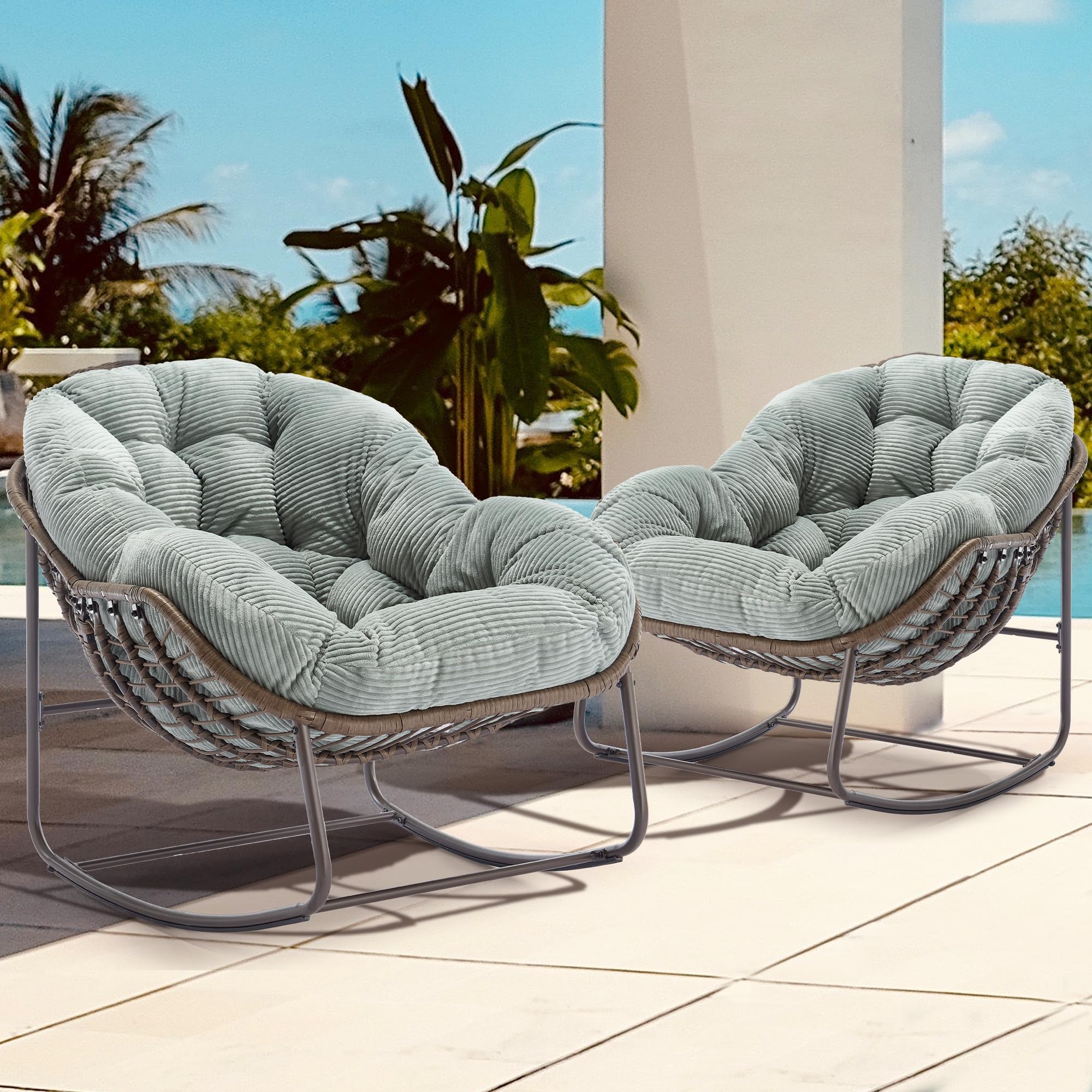 Oversized Papasan Rocking Chair - Outdoor Luxury Comfy Patio Chair, Indoor Egg Royal Rattan Rocking Chair with Strip Velvet Cushion for Front Porch Lounge Lawn Bedroom Living Room (Navy)