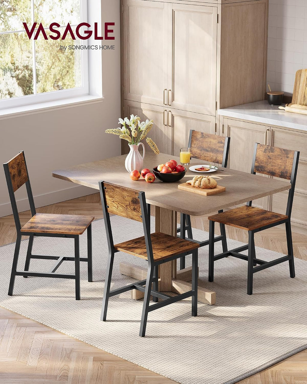 VASAGLE Dining Chair Set of 4, Rustic Wood Chairs with Metal Steel Frame, Easy to Assemble, Comfortable Seat, Modern Farmhouse Chair for Kitchen, Bedroom, Living Room, Rustic Brown and Ink Black