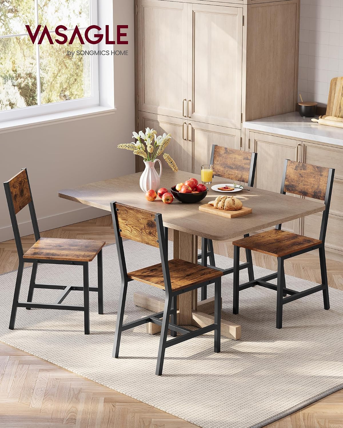 VASAGLE Dining Chair Set of 4, Rustic Wood Chairs with Metal Steel Frame, Easy to Assemble, Comfortable Seat, Modern Farmhouse Chair for Kitchen, Bedroom, Living Room, Rustic Brown and Ink Black