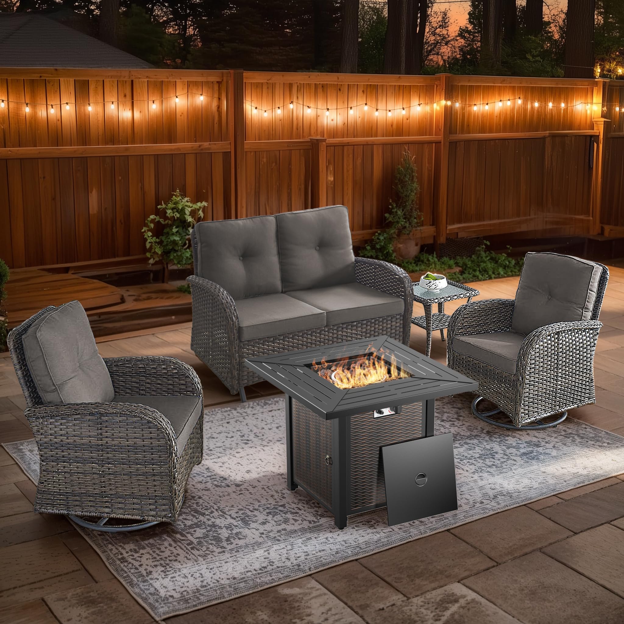 2 in 1 Porch Glider Swivel Chair - Wicker Patio Furniture Outdoor Swivel Rocker Chair with Thick Cushion, 300 Lb Weight Capacity Patio Swivel Glider Seating - Brown Wicker, Grey Cushion