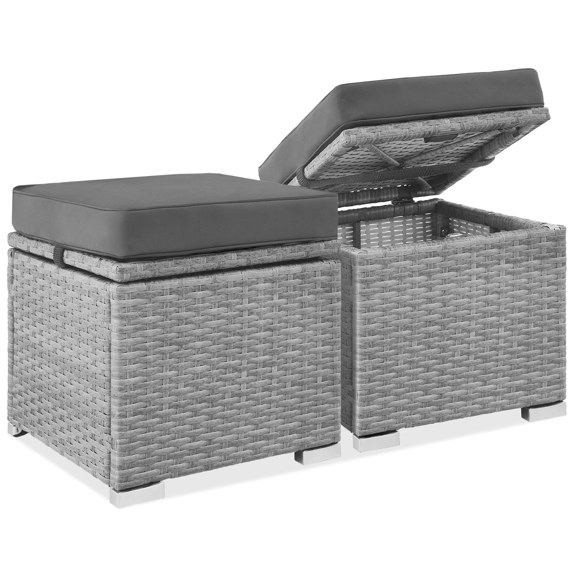 Best Choice Products Set of 2 Wicker Ottomans, Multipurpose Outdoor Furniture for Patio, Backyard, Additional Seating, Footrest, Side Table w/Storage, Removable Cushions - Gray/Black