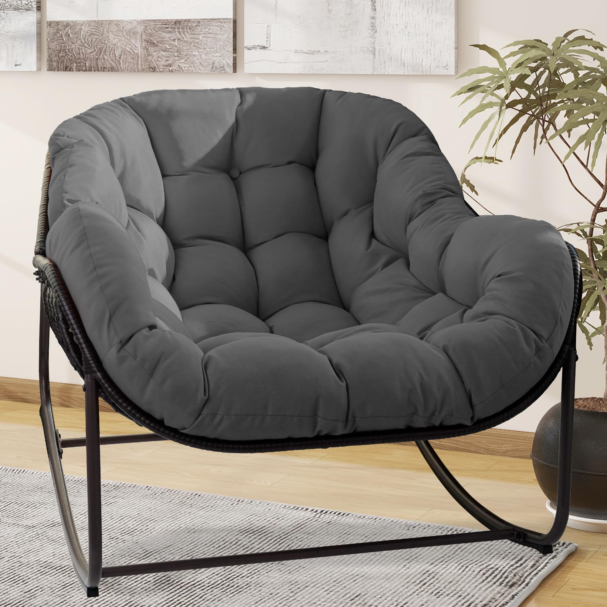 Patio Rocking Chair, Oversized Papasan Rocking Chair with Cushion and Frame for Indoor& Outdoor, Deep Seat Egg-Shaped Rocker Chair for Garden, Deck, Living Room, Grey
