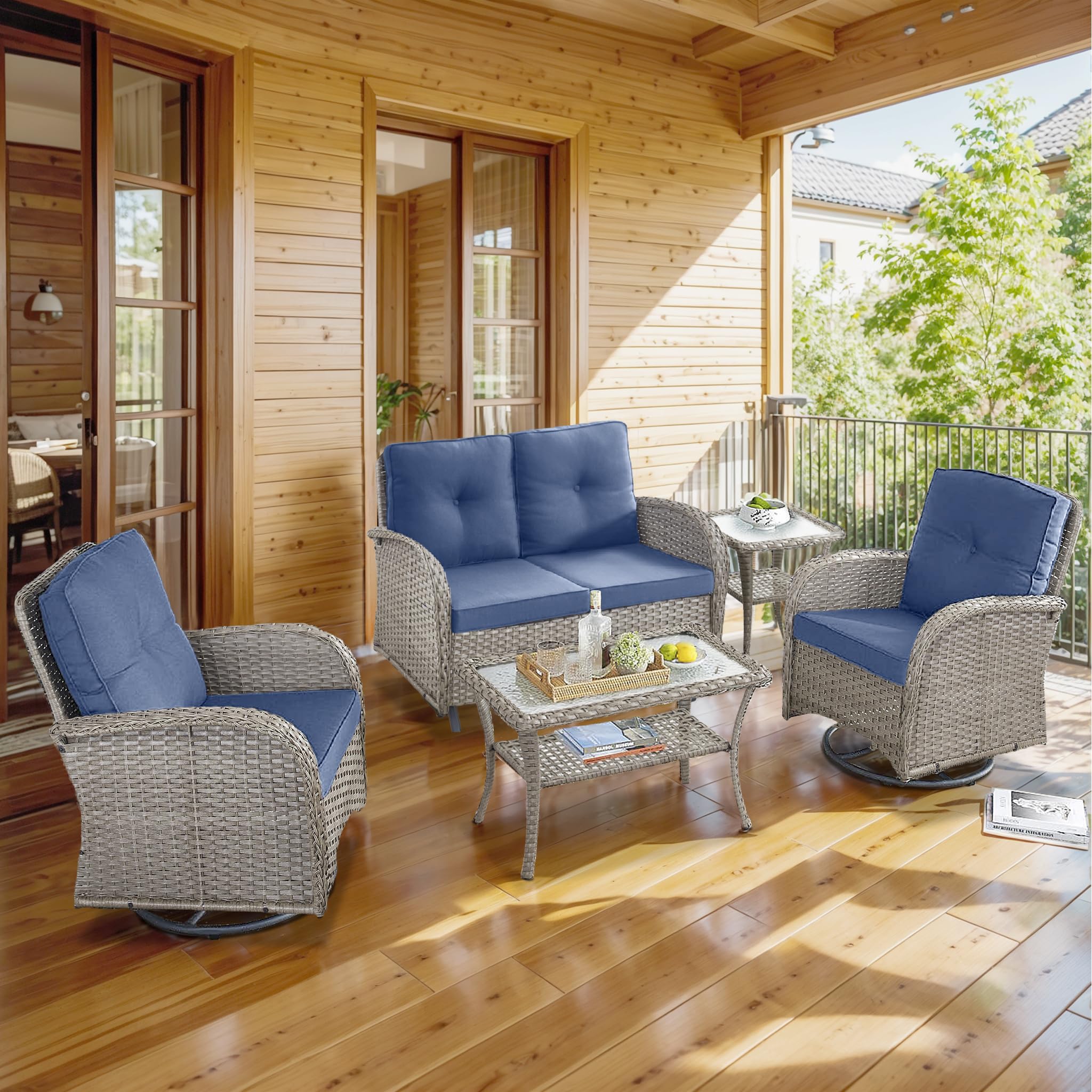 2 in 1 Porch Glider Swivel Chair - Wicker Patio Furniture Outdoor Swivel Rocker Chair with Thick Cushion, 300 Lb Weight Capacity Patio Swivel Glider Seating - Brown Wicker, Grey Cushion