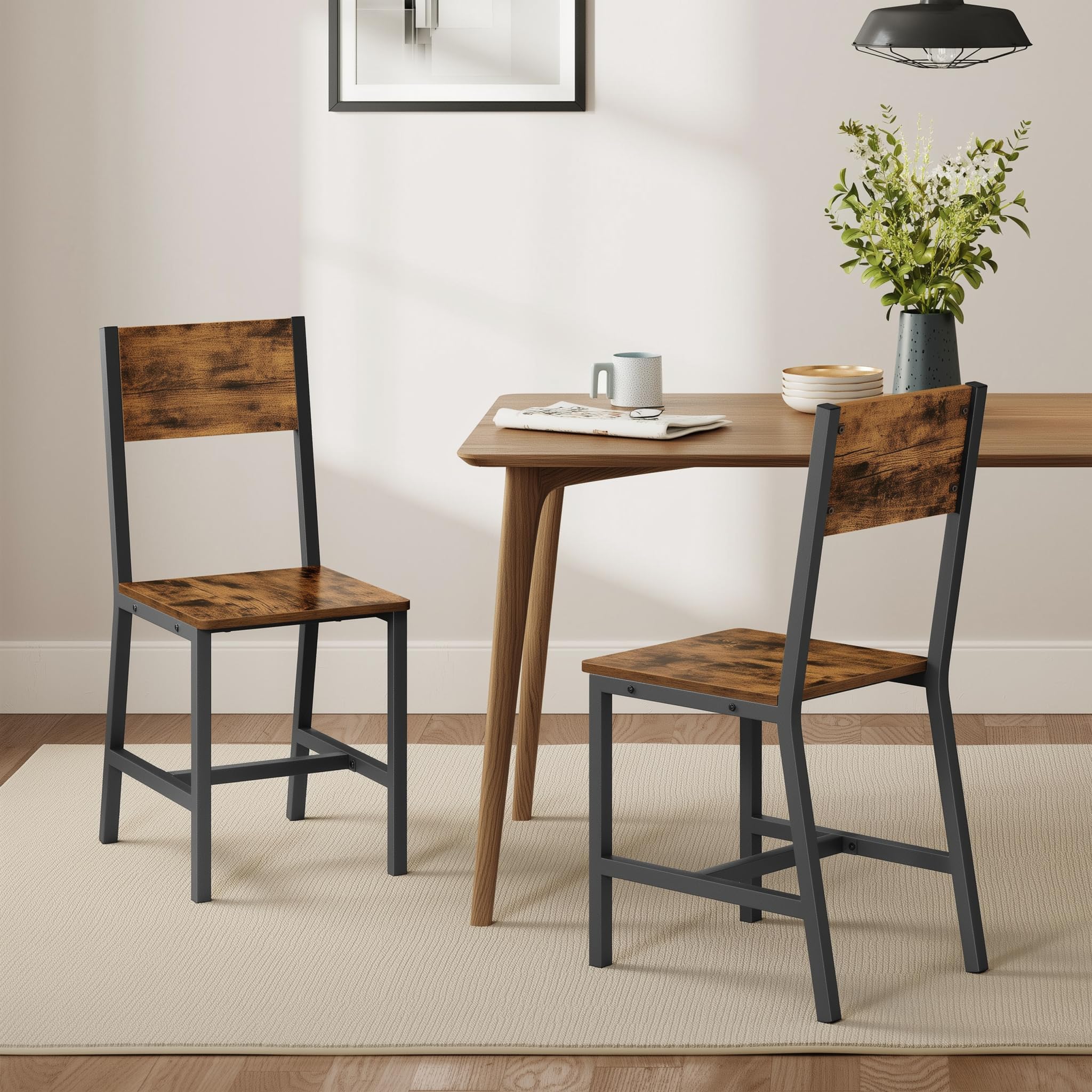 VASAGLE Dining Chair Set of 4, Rustic Wood Chairs with Metal Steel Frame, Easy to Assemble, Comfortable Seat, Modern Farmhouse Chair for Kitchen, Bedroom, Living Room, Rustic Brown and Ink Black