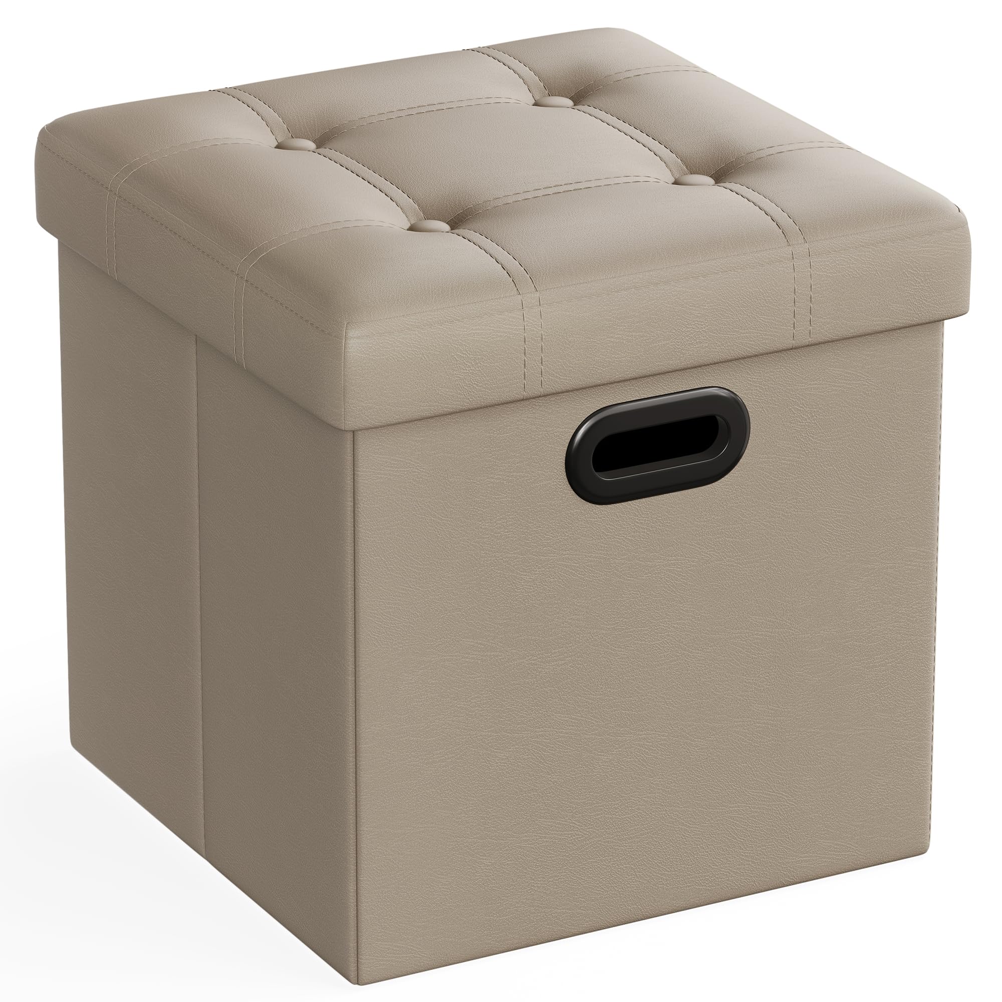 SONGMICS Mazie Collection - 15 Inches Ottoman with Storage, Footstool, Storage Ottoman with Metal Handles, Load 660 lb, for Dorm, Living Room, Bedroom, Synthetic Leather, Coffee Brown ULSF030K01