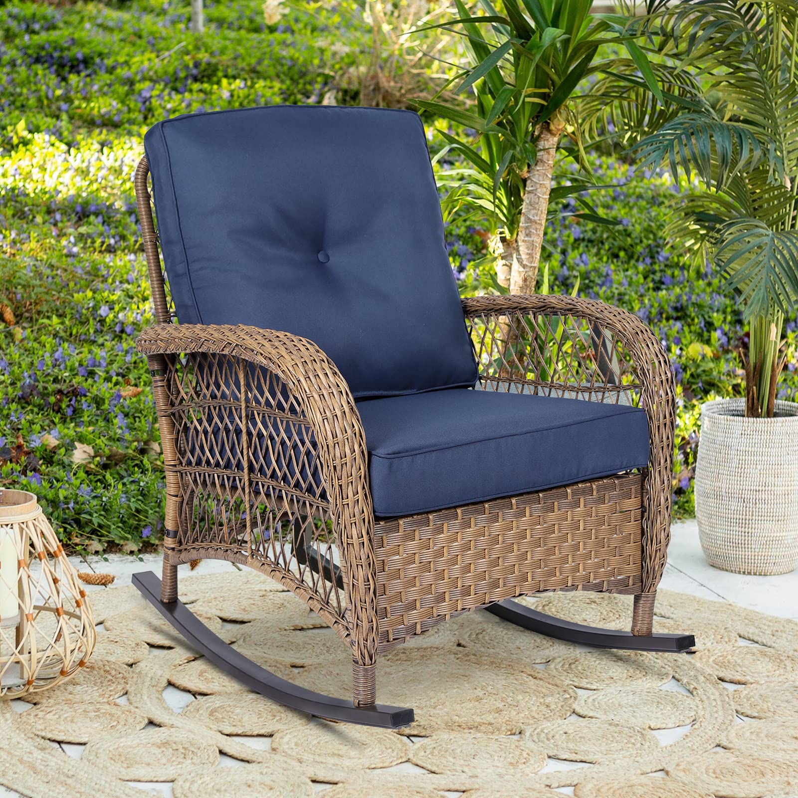 Outdoor Wicker Oversized Rocking Chair, All Weather- Resistant Patio Rocking Chair for Garden Lawn, Patio Wicker Furniture Seat with 4” Thick Cushion, Orange