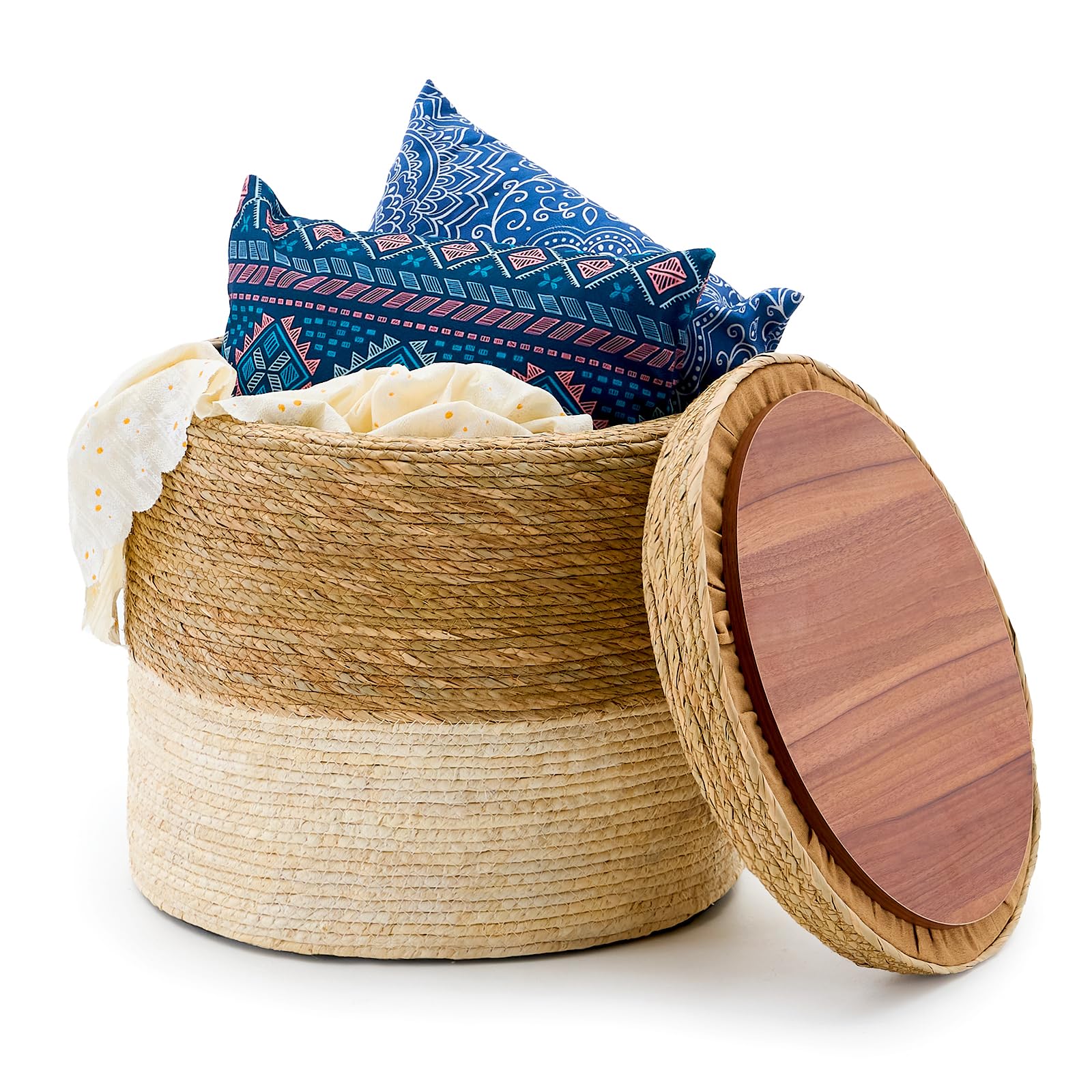 Wimarsbon Storage Pouf Ottoman, Hand Weaving Natural Straw Foot Stool, Bohemian Round Patio Ottomans, Rustic Lounge Pouffe, Outdoor Extra Seat for Garden (14inch Natural Cattail L)