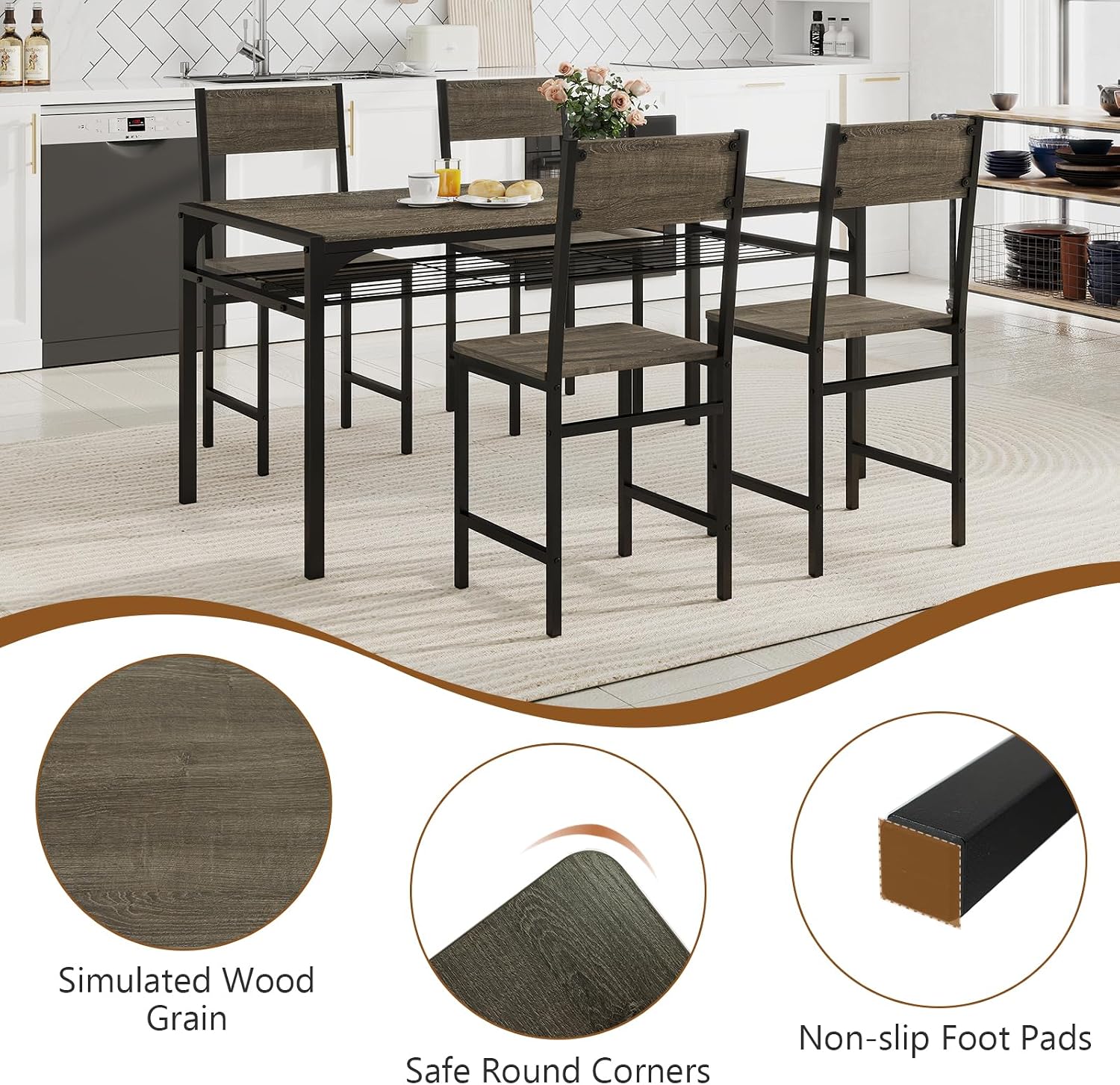 Giantex Metal Dining Chairs Set of 4, Kitchen Chairs with Metal Legs, Slanted Back, Rustic Wood Grain, Armless Dining Room Chairs for Home, Restaurant, Living Room, Oak Grey