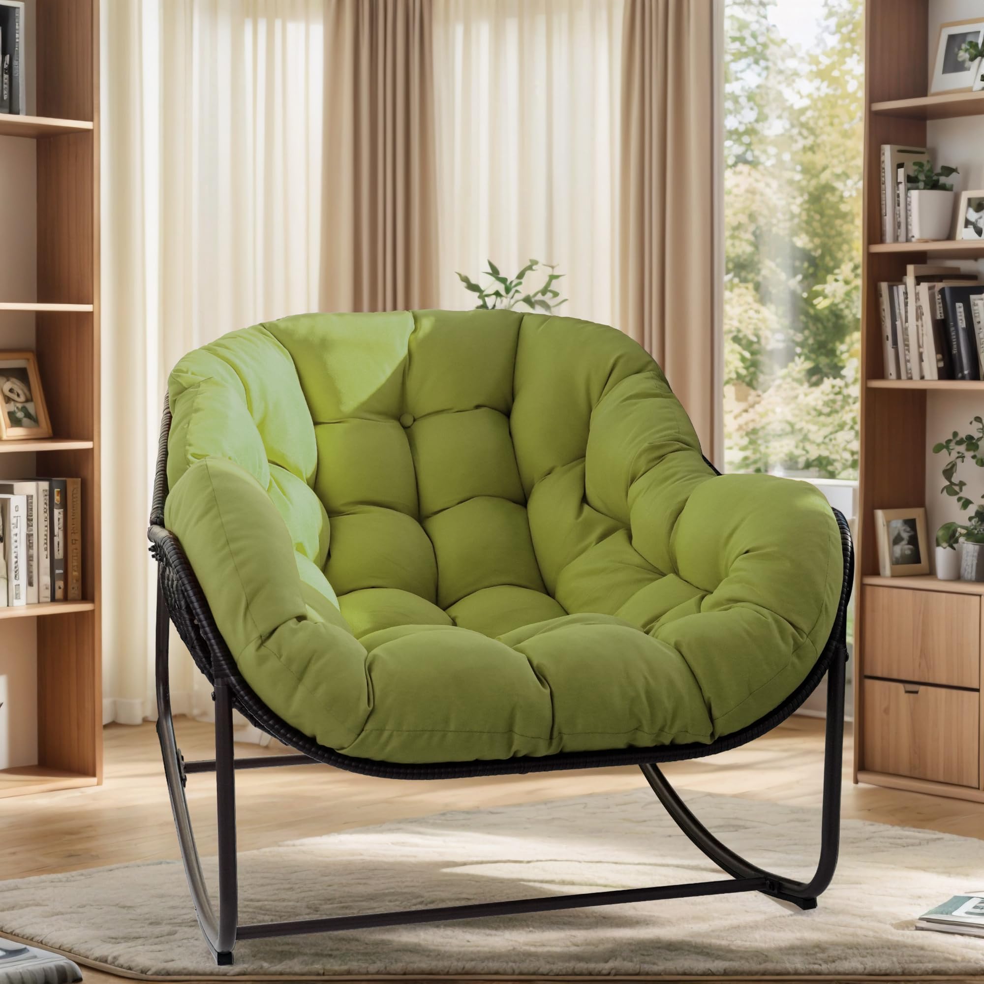 Papasan Rocking Chair Indoor & Outdoor, All Weather Wicker Papasan Patio Chair with Cushion & Pillow, Oversized Papasan Rocker Egg Chair for Bedroom, Garden, Patio - Red.