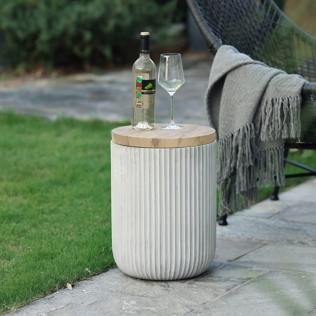LuxenHome 18" Outdoor Side Table with Storage, Cement Patio End Table with Wood Finish Lid, Accent Table for Patio, Porch, Poolside, Backyard, Outside, Indoor, Garden Stool, Drum, Plant Stand