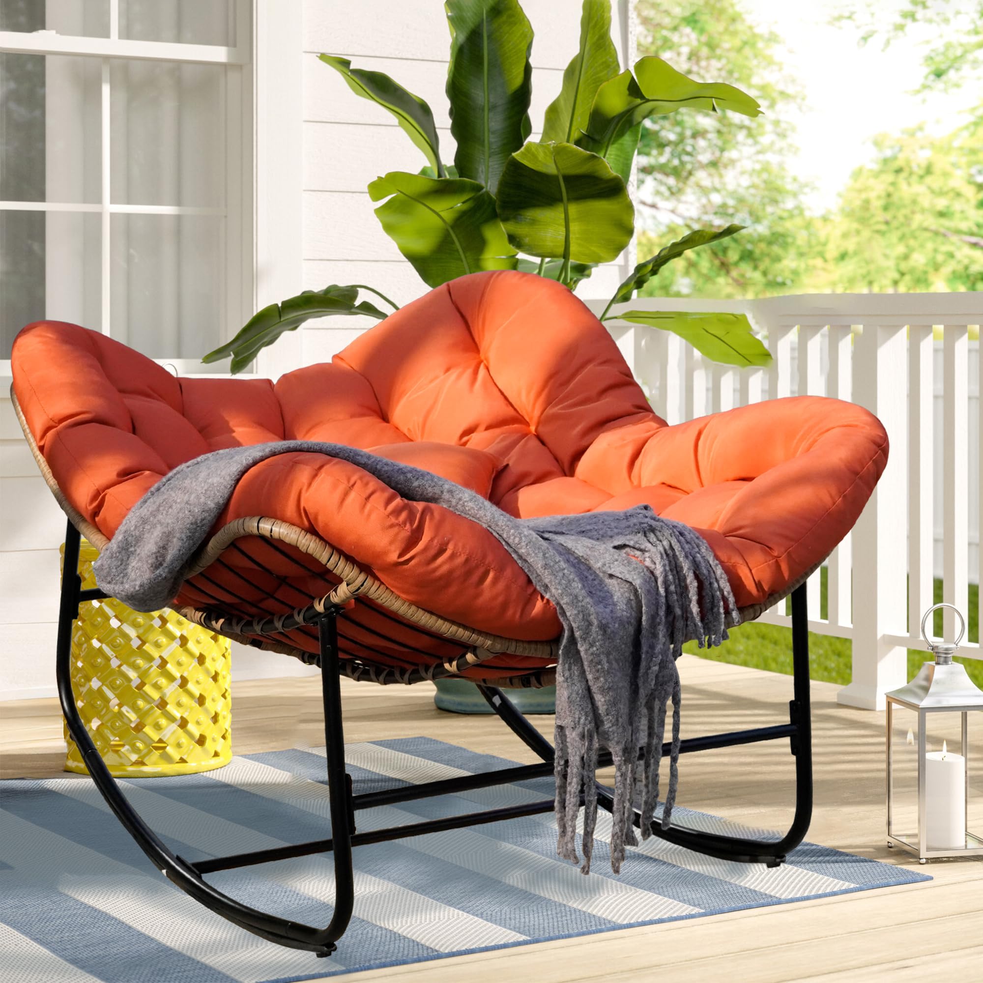 Patio Rocking Chair, Oversized Papasan Rocking Chair with Cushion and Frame for Indoor& Outdoor, Deep Seat Egg-Shaped Rocker Chair for Garden, Deck, Living Room, Grey