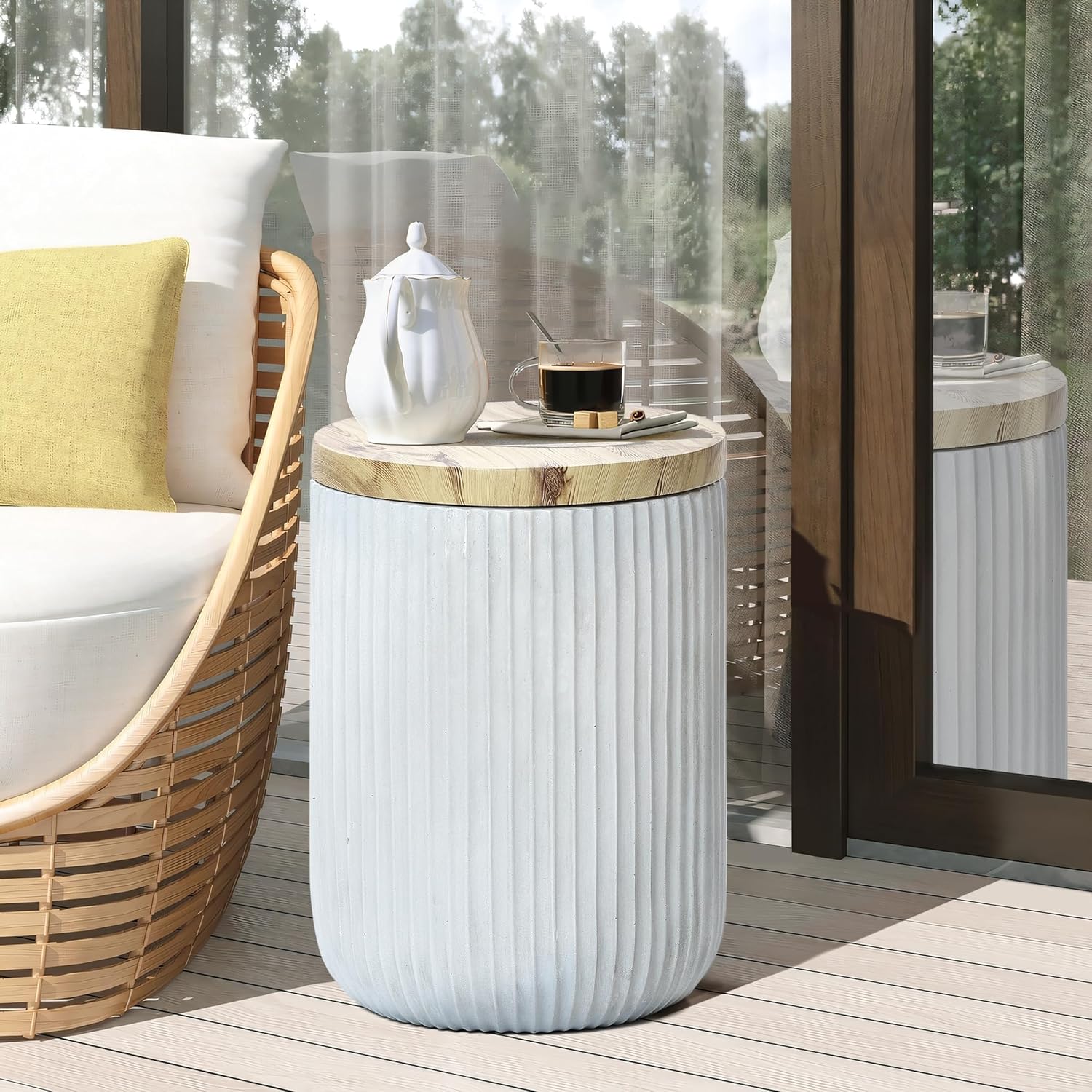 LuxenHome 18" Outdoor Side Table with Storage, Cement Patio End Table with Wood Finish Lid, Accent Table for Patio, Porch, Poolside, Backyard, Outside, Indoor, Garden Stool, Drum, Plant Stand