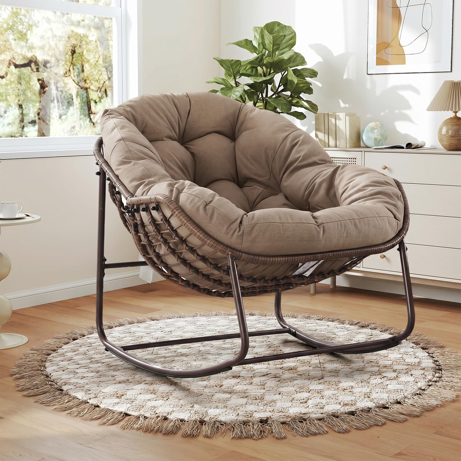 Large Indoor Outdoor Rocking Chair, Oversized Rocking Papasan Chair with Thick Cushion and Frame Outdoor Rocker, Comfy Wicker Egg Chairs Lounge for Outside Porch Patio Backyard Balcony (Beige)