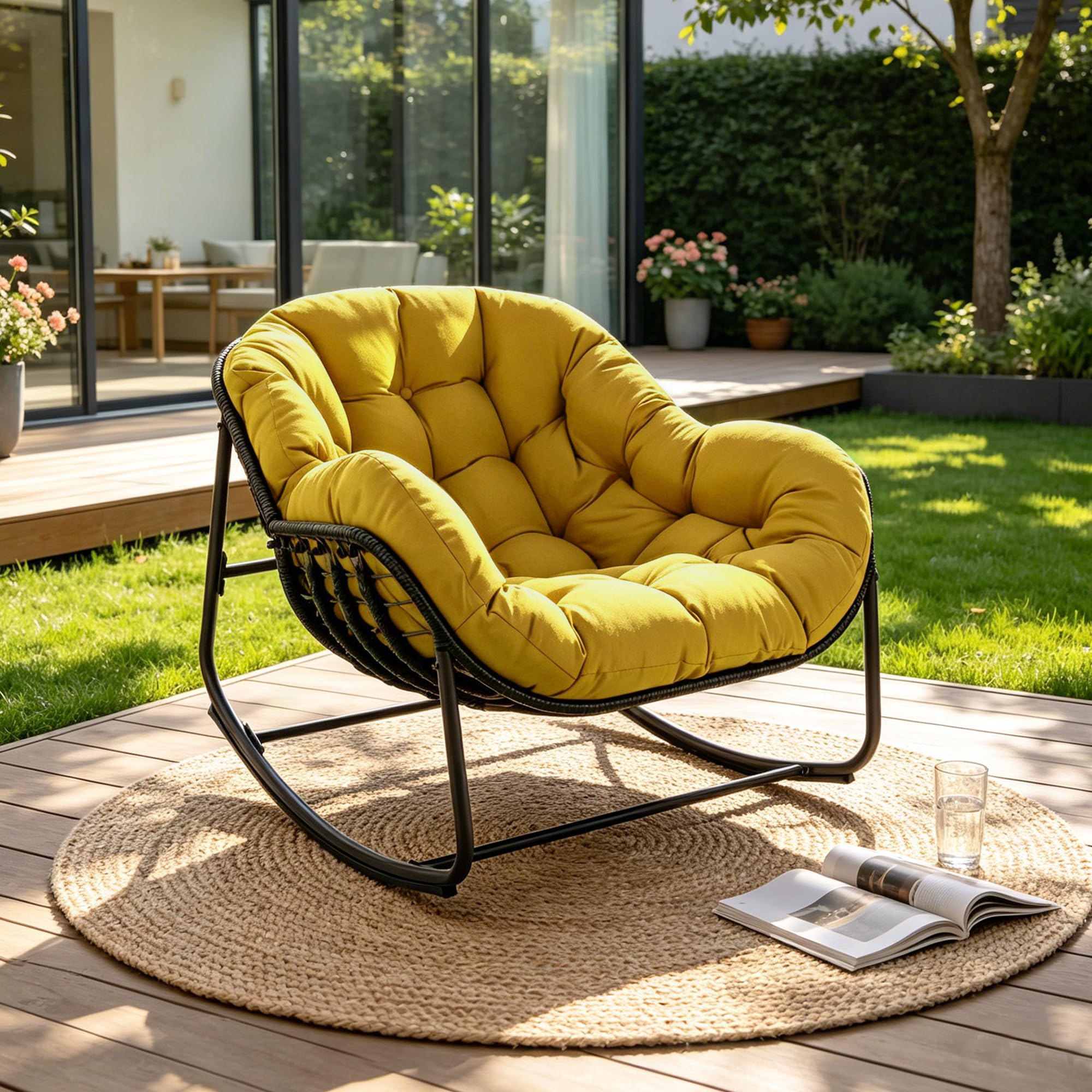 Papasan Rocking Chair Indoor & Outdoor, All Weather Wicker Papasan Patio Chair with Cushion & Pillow, Oversized Papasan Rocker Egg Chair for Bedroom, Garden, Patio - Red.