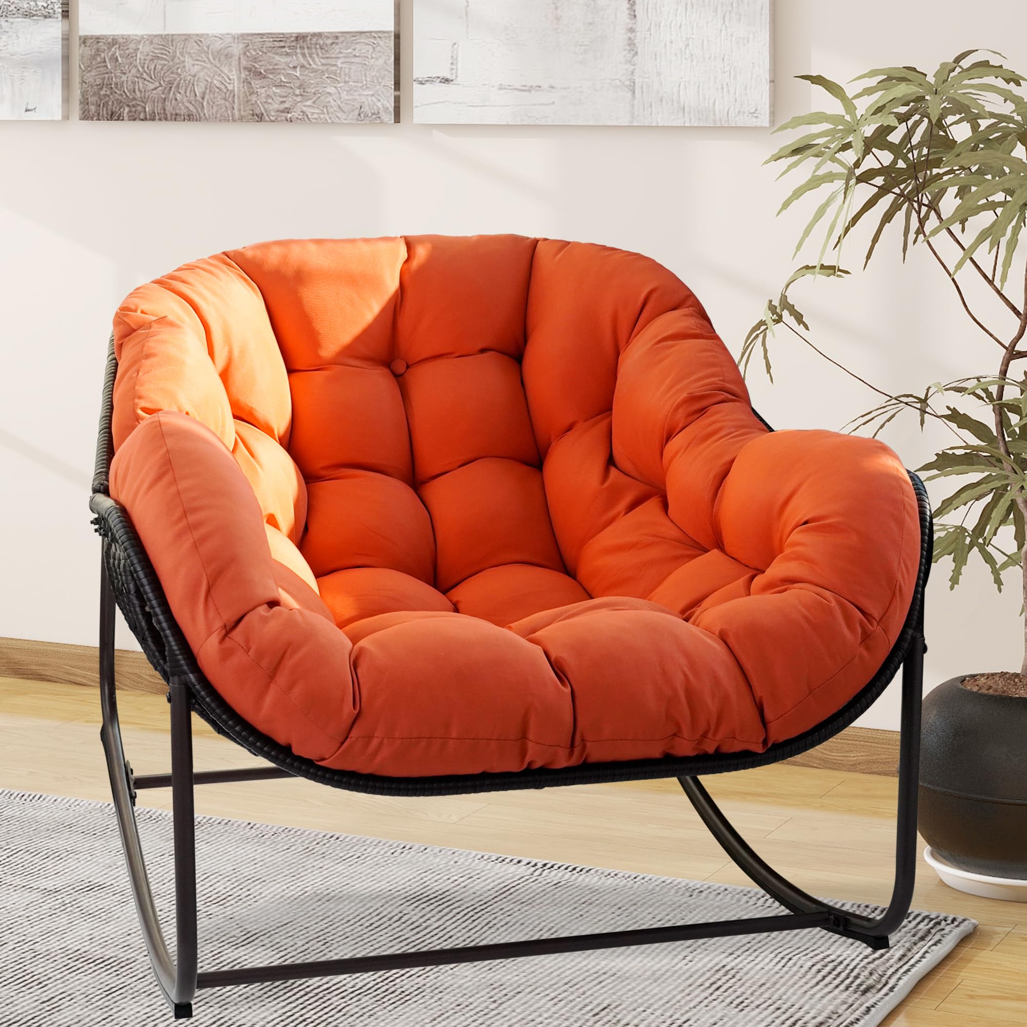 Patio Rocking Chair, Oversized Papasan Rocking Chair with Cushion and Frame for Indoor& Outdoor, Deep Seat Egg-Shaped Rocker Chair for Garden, Deck, Living Room, Grey