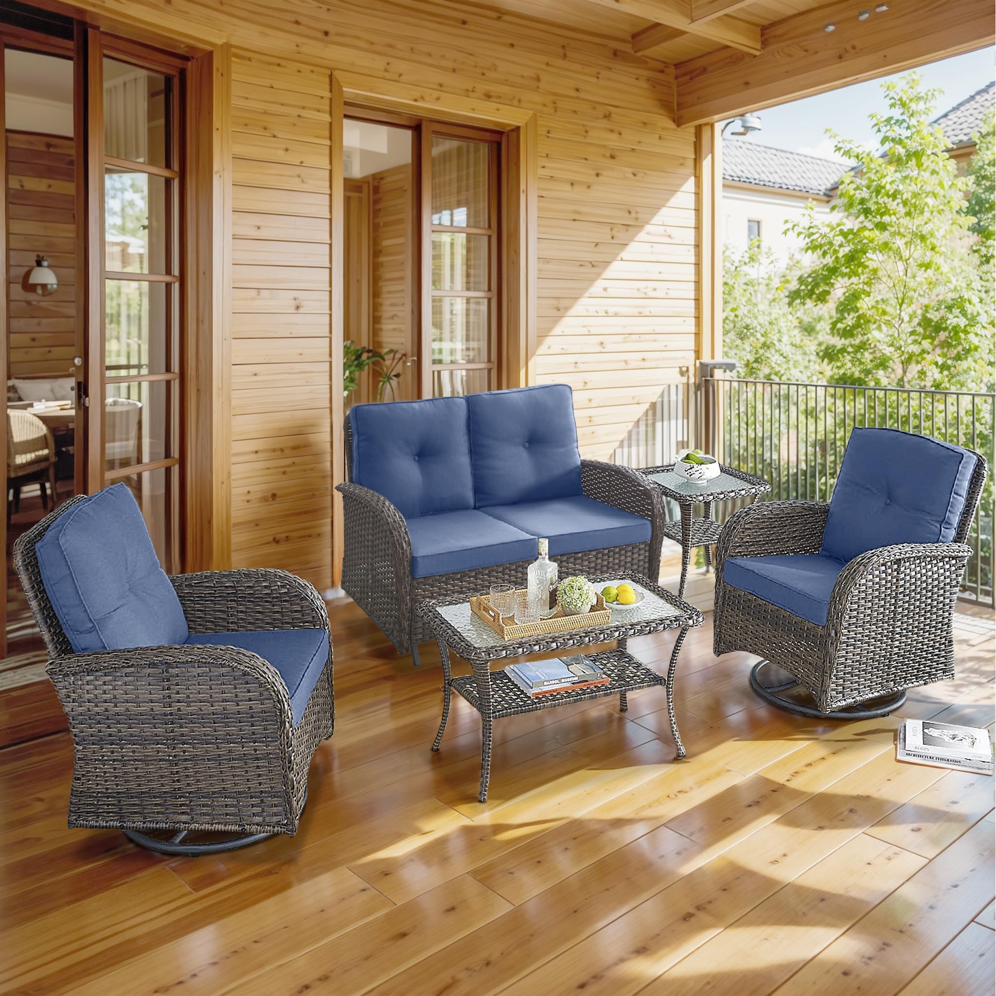 2 in 1 Porch Glider Swivel Chair - Wicker Patio Furniture Outdoor Swivel Rocker Chair with Thick Cushion, 300 Lb Weight Capacity Patio Swivel Glider Seating - Brown Wicker, Grey Cushion