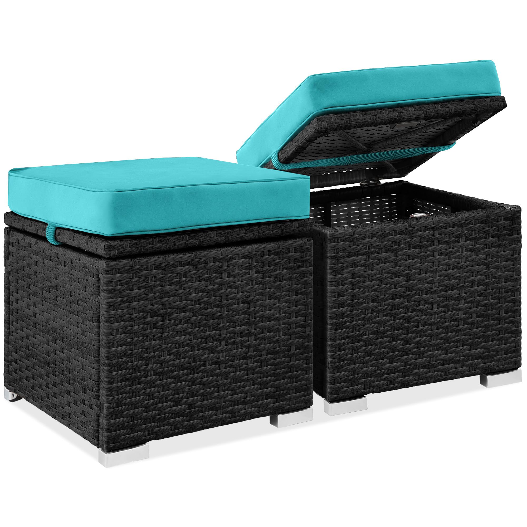 Best Choice Products Set of 2 Wicker Ottomans, Multipurpose Outdoor Furniture for Patio, Backyard, Additional Seating, Footrest, Side Table w/Storage, Removable Cushions - Gray/Black