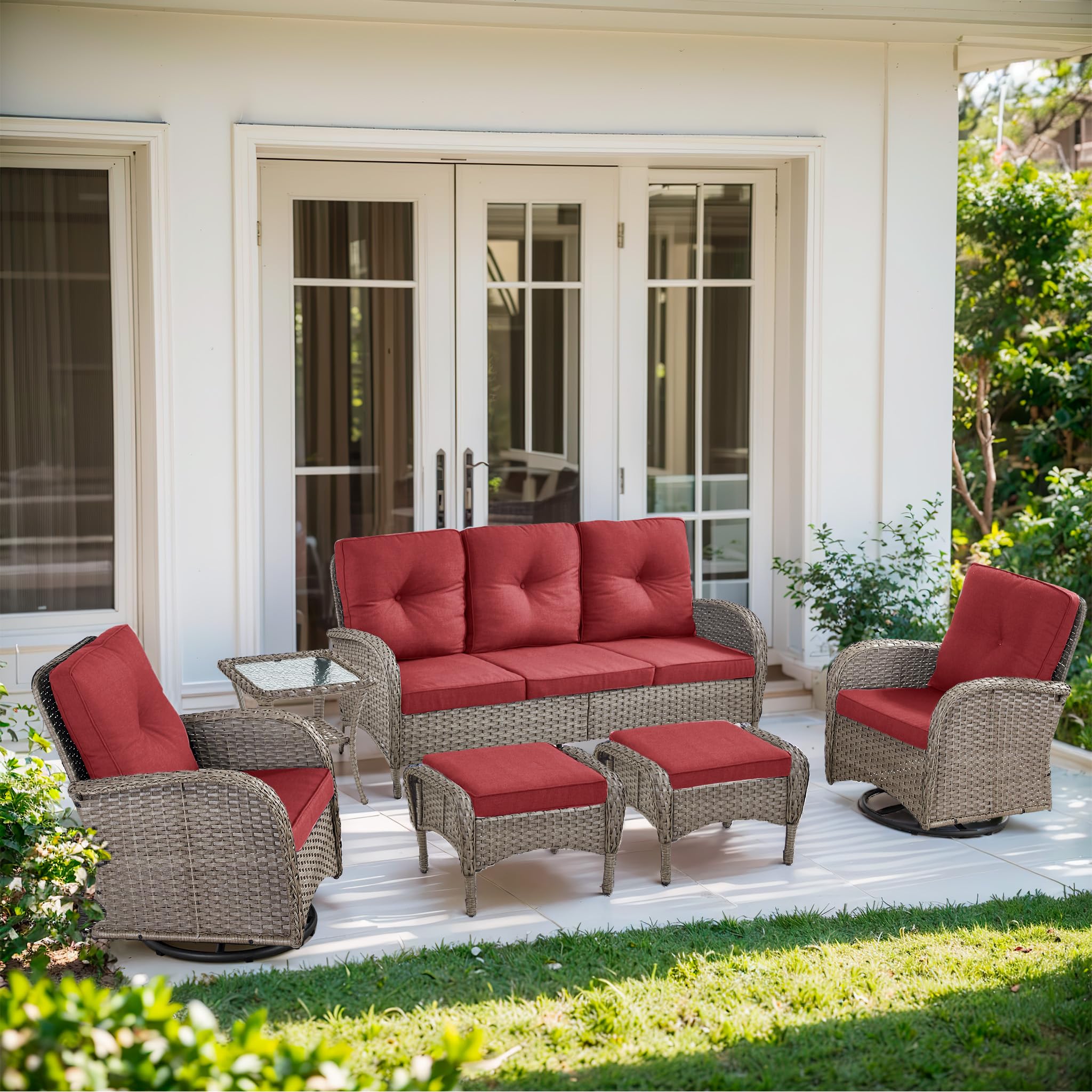 2 in 1 Porch Glider Swivel Chair - Wicker Patio Furniture Outdoor Swivel Rocker Chair with Thick Cushion, 300 Lb Weight Capacity Patio Swivel Glider Seating - Brown Wicker, Grey Cushion