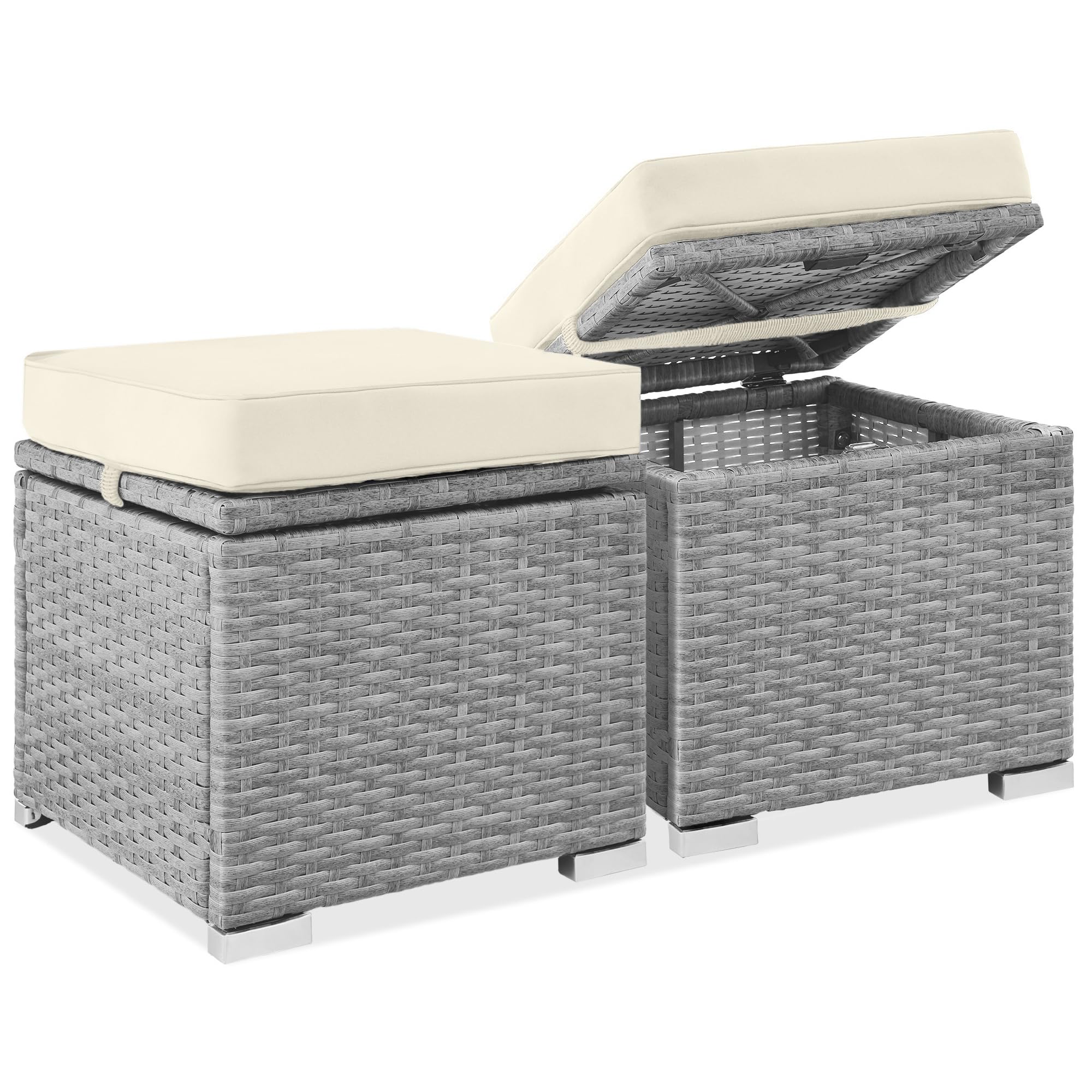 Best Choice Products Set of 2 Wicker Ottomans, Multipurpose Outdoor Furniture for Patio, Backyard, Additional Seating, Footrest, Side Table w/Storage, Removable Cushions - Gray/Black