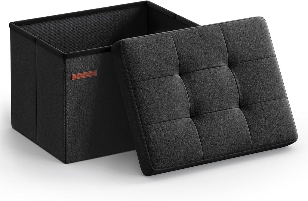 SONGMICS MAZIE Collection - Small Folding Storage Ottoman, Foot Rest Stool, 12.2 x 16.1 x 12.2 Inches, 286 lb Load Capacity, for Living Room, Bedroom, Home Office, Dorm, Ink Black ULSF102B01