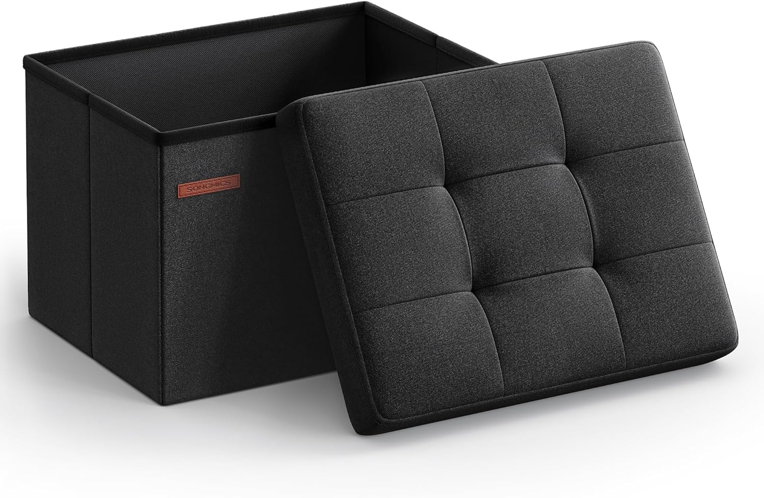 SONGMICS MAZIE Collection - Small Folding Storage Ottoman, Foot Rest Stool, 12.2 x 16.1 x 12.2 Inches, 286 lb Load Capacity, for Living Room, Bedroom, Home Office, Dorm, Ink Black ULSF102B01