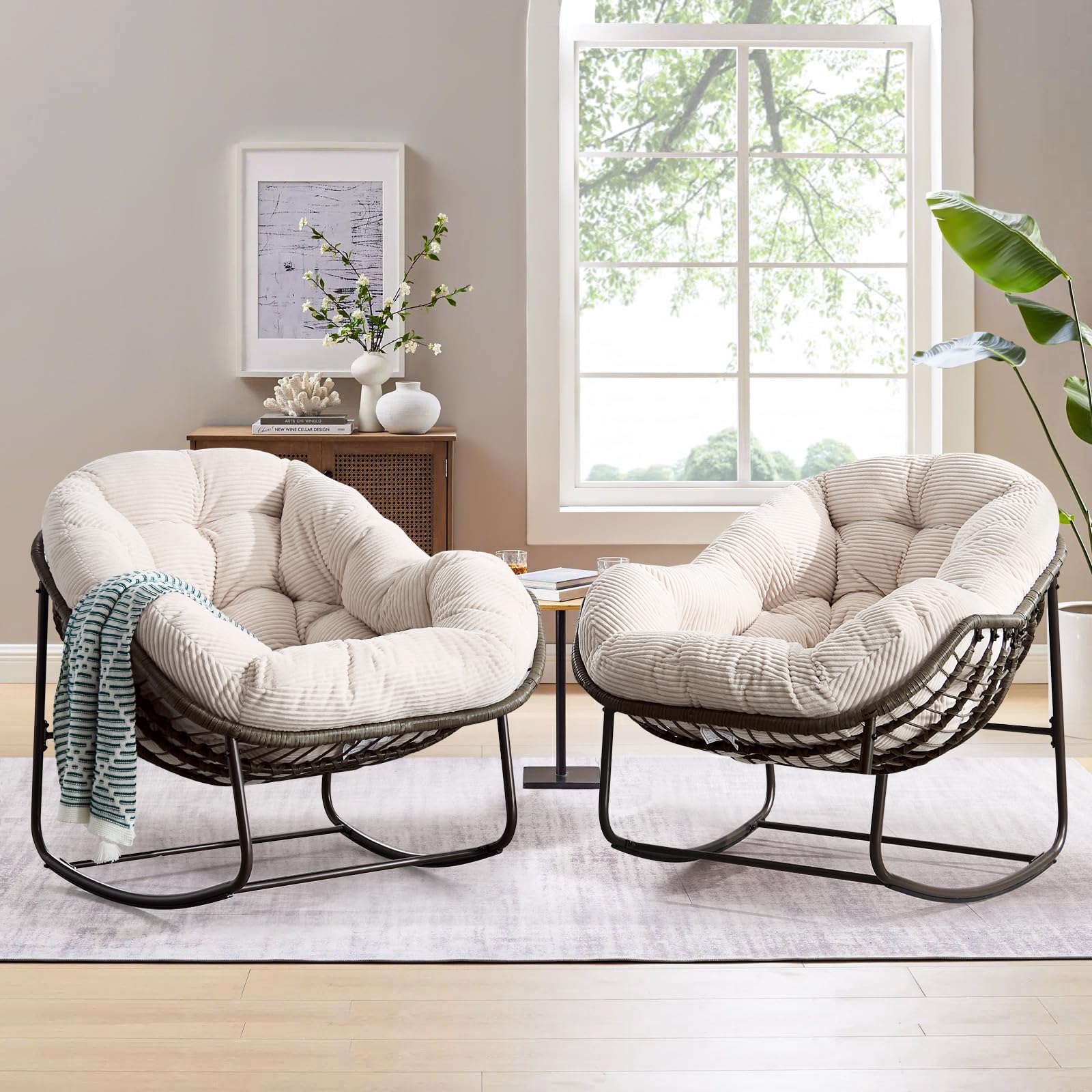 Large Indoor Outdoor Rocking Chair, Oversized Rocking Papasan Chair with Thick Cushion and Frame Outdoor Rocker, Comfy Wicker Egg Chairs Lounge for Outside Porch Patio Backyard Balcony (Beige)
