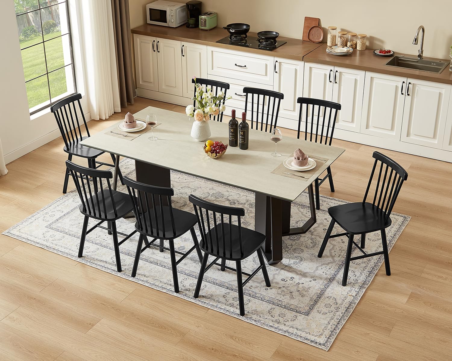 PrimeZone Windsor Dining Chairs Set of 2 - Solid Rubber Wood Farmhouse Kitchen Chair with Spindle Back, Mid-Century Modern Side Dining Chair for Dining Room, Kitchen & Restaurant, Black