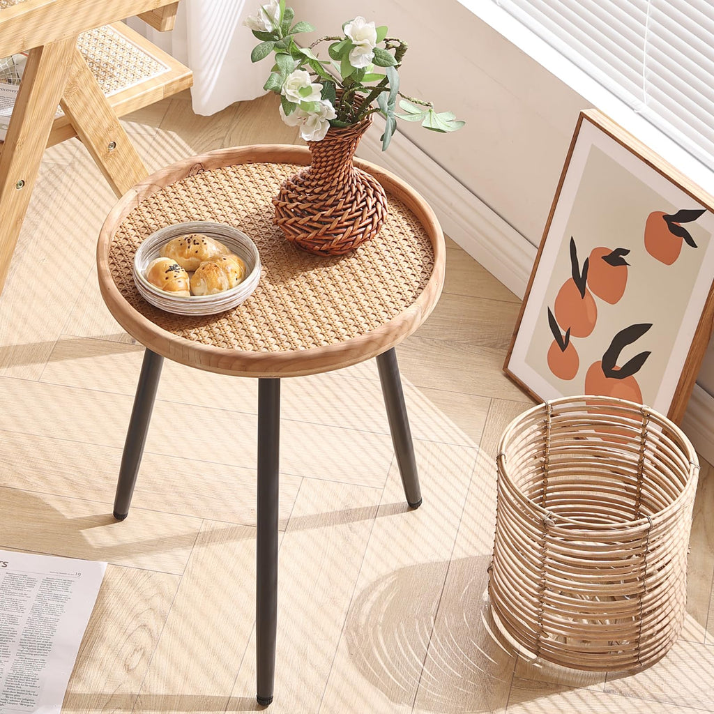 LITA Log Desktop Round Side End Table, Indoor Outdoor Wooden Tray Nightstand Table with Metal Stand for Living Room Bedroom Office Small Spaces (M)