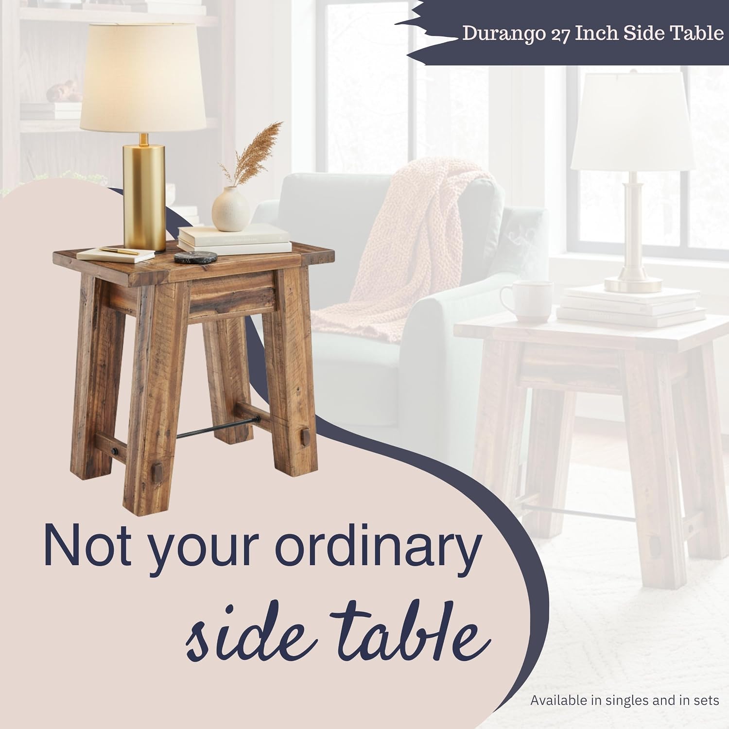Alaterre Furniture Durango 27-Inch Solid Wood Side Table – Heavy-Duty Industrial End Table with 100 lb Capacity for Living Room, Bedroom, or Home Office (Natural Grain Lacquer Finish)