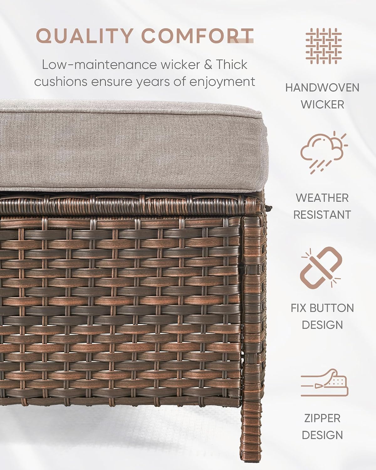 Patio Ottoman Outdoor Wicker Side Table - 2PCS Multipurpose Heavy Duty All-Weather Brown Rattan Extra Seating Bench Footrest Footstool for Garden Back Porch Poolside Apartment - Beige