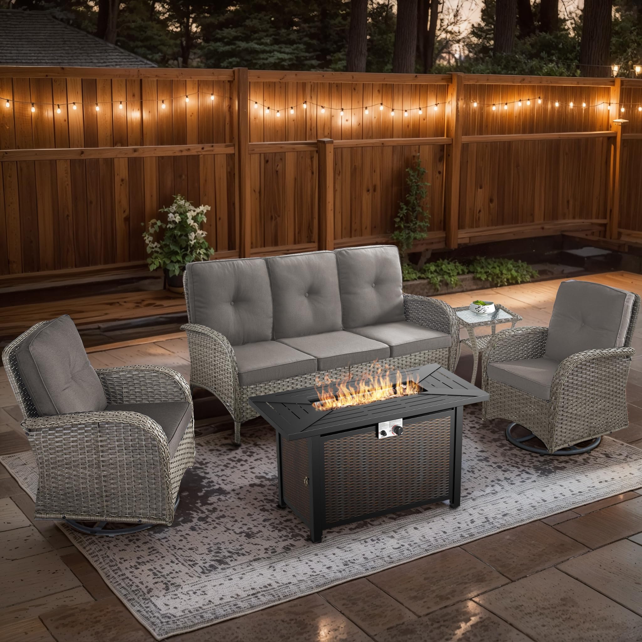 2 in 1 Porch Glider Swivel Chair - Wicker Patio Furniture Outdoor Swivel Rocker Chair with Thick Cushion, 300 Lb Weight Capacity Patio Swivel Glider Seating - Brown Wicker, Grey Cushion