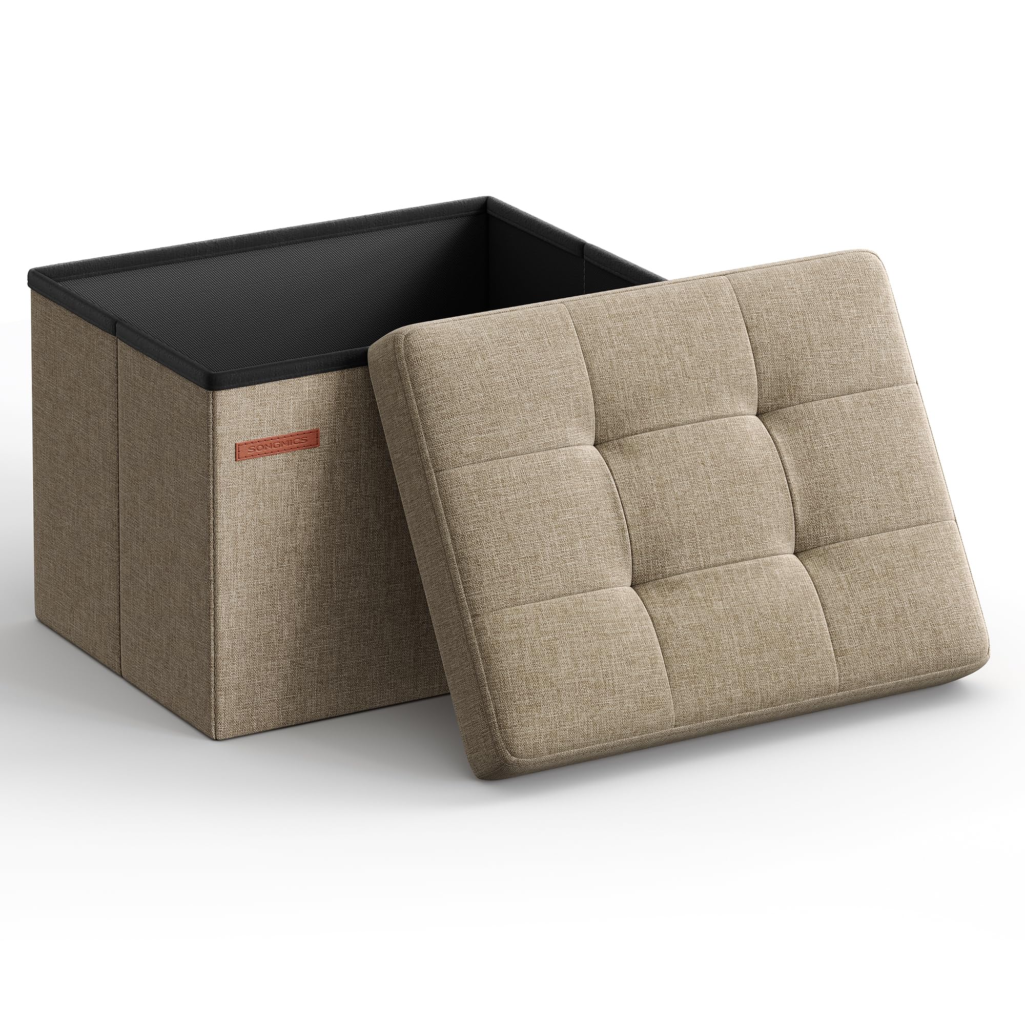 SONGMICS MAZIE Collection - Small Folding Storage Ottoman, Foot Rest Stool, 12.2 x 16.1 x 12.2 Inches, 286 lb Load Capacity, for Living Room, Bedroom, Home Office, Dorm, Ink Black ULSF102B01